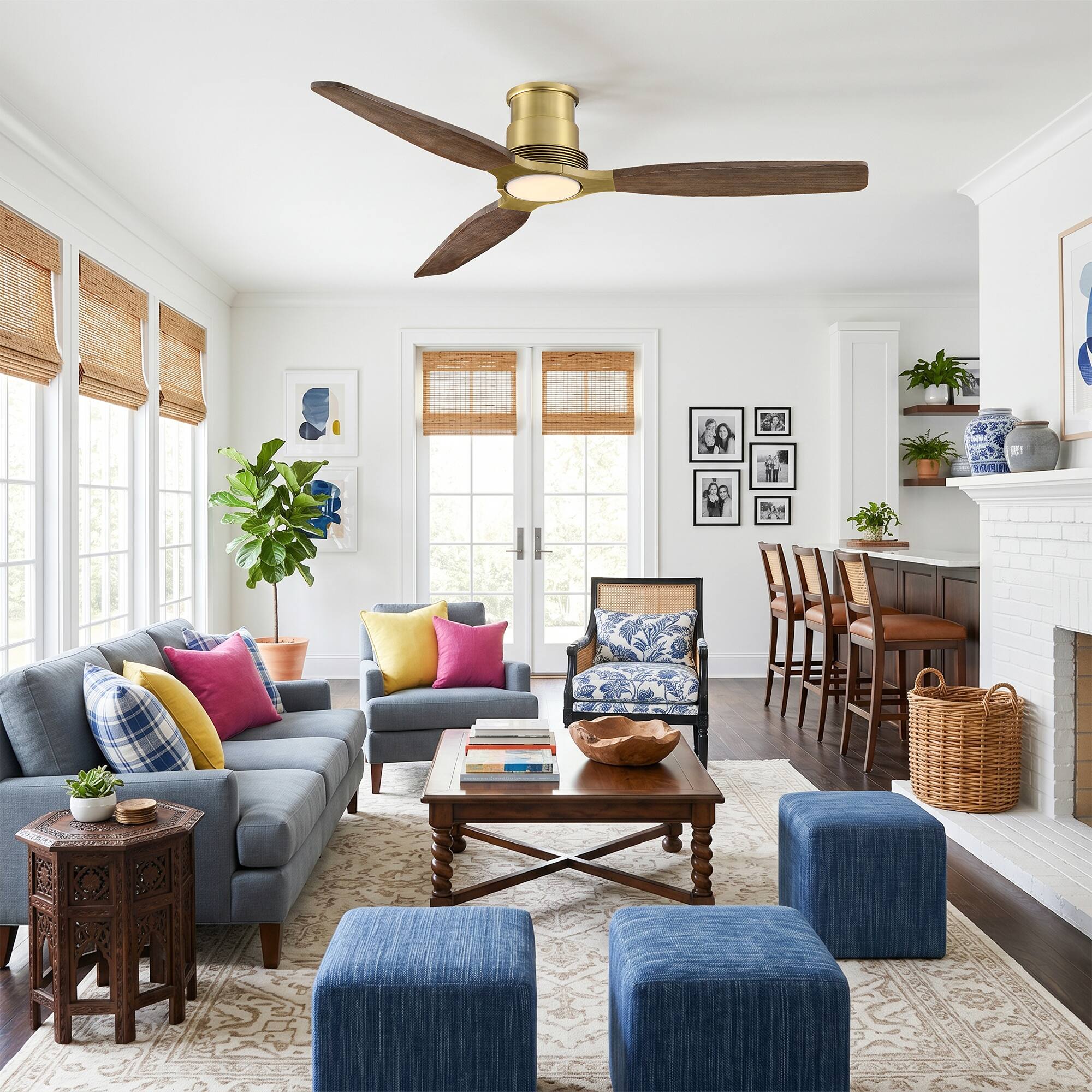 Angle. Parrot Uncle - 56" Mid Centry Solid Wood Flush Mount Lightweight Ceiling Fan with Diammable LED Light and Remote - Vintage Brass.