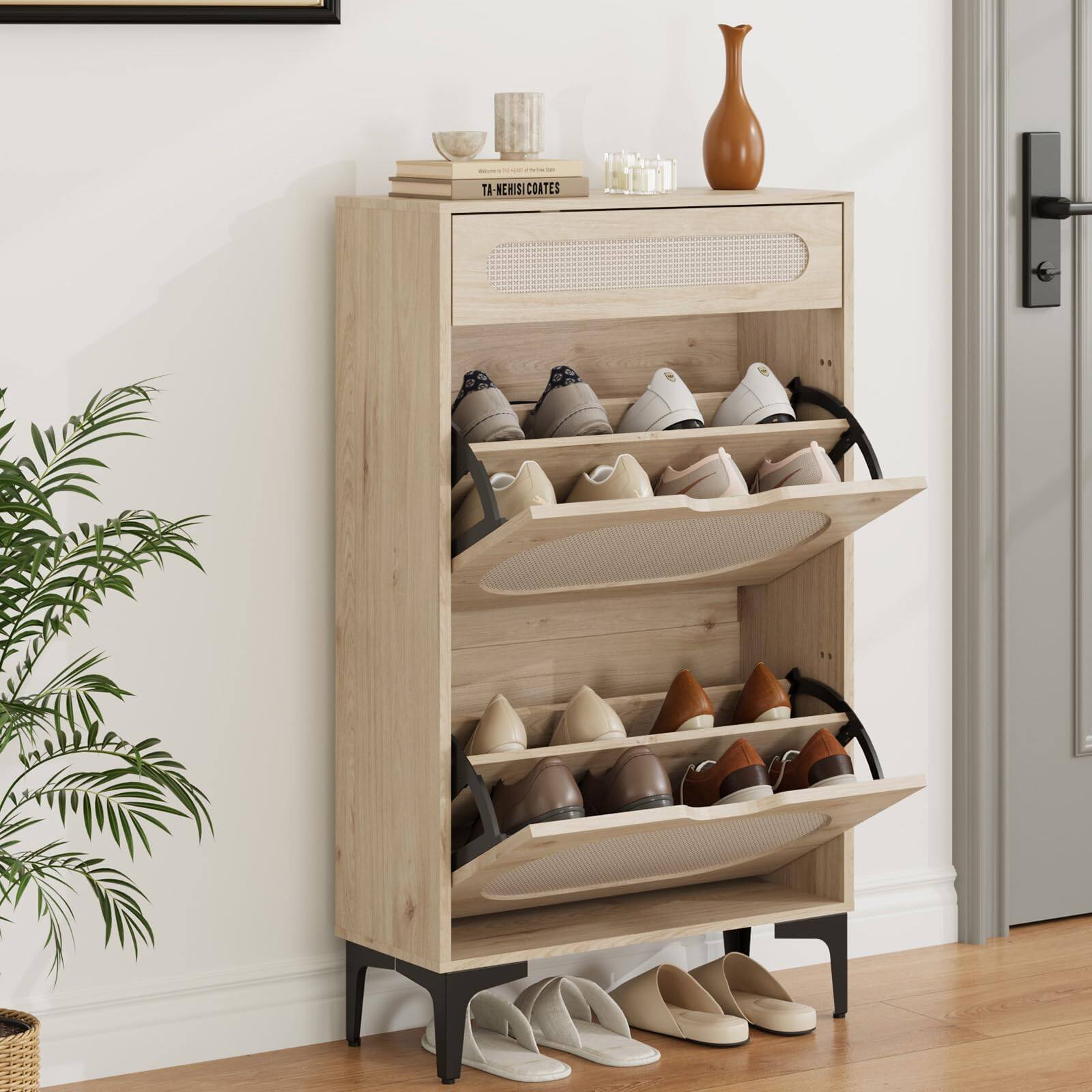 Angle. Babevy - Rattan Shoe Cabinet with 2 Flip Drawers & Pull-Out Drawer, Freestanding Shoe Storage Organizer with Adjustable Shelf - Oak.