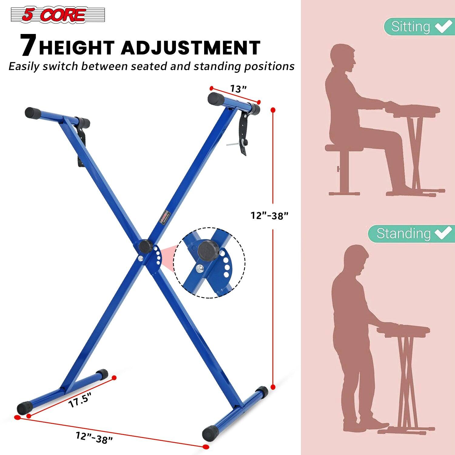 5 CORE

7 HEIGHT ADJUSTMENT  
Easily switch between seated and standing positions

Sitting  
13"  
12"-38"

Standing  
17.5"  
12"-38"