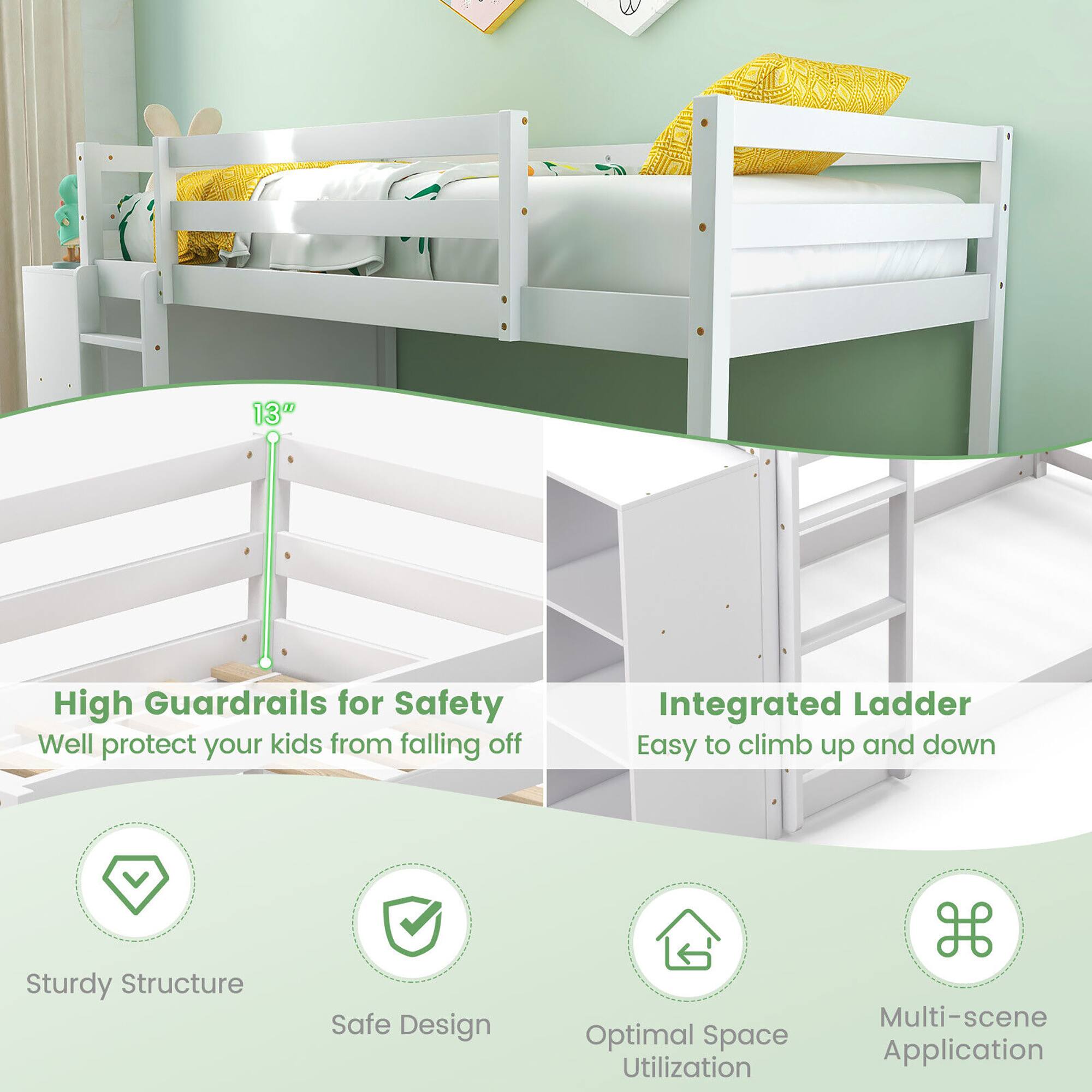 13" High Guardrails for Safety  
Well protect your kids from falling off  

Integrated Ladder  
Easy to climb up and down  

Sturdy Structure  
Safe Design  
Optimal Space Utilization  
Multi-scene Application