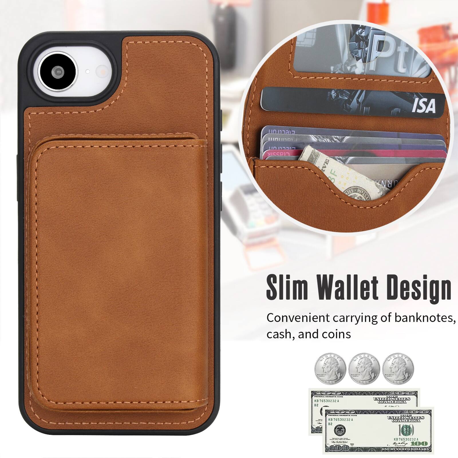 Slim Wallet Design  
Convenient carrying of banknotes, cash, and coins