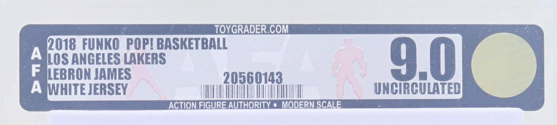 TOYGRADER.COM  
2018 FUNKO POP! BASKETBALL  
LOS ANGELES LAKERS  
LEBRON JAMES  
WHITE JERSEY  
20560143  
9.0  
UNCIRCULATED  
ACTION FIGURE AUTHORITY • MODERN SCALE