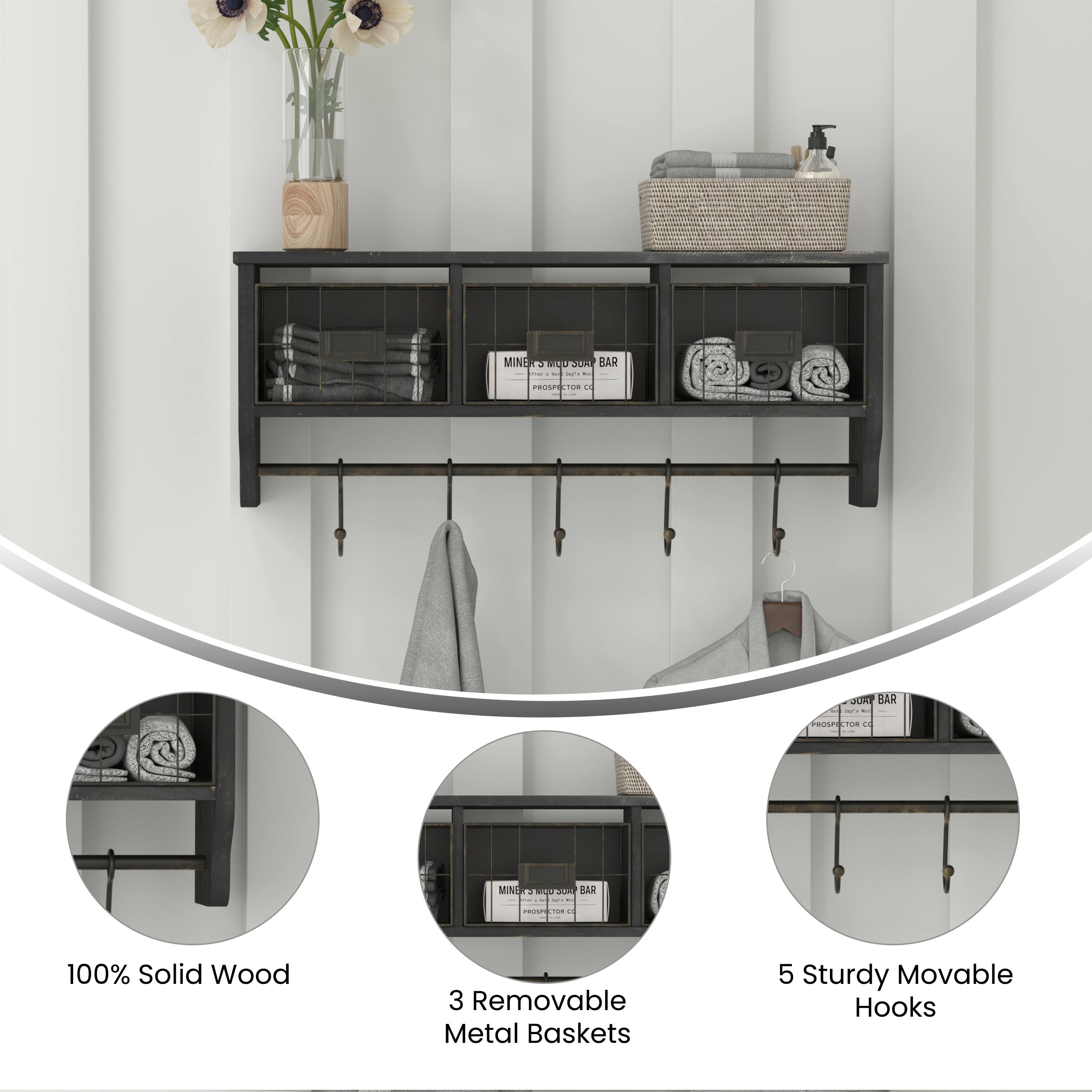 - 100% Solid Wood
- 3 Removable Metal Baskets
- 5 Sturdy Movable Hooks