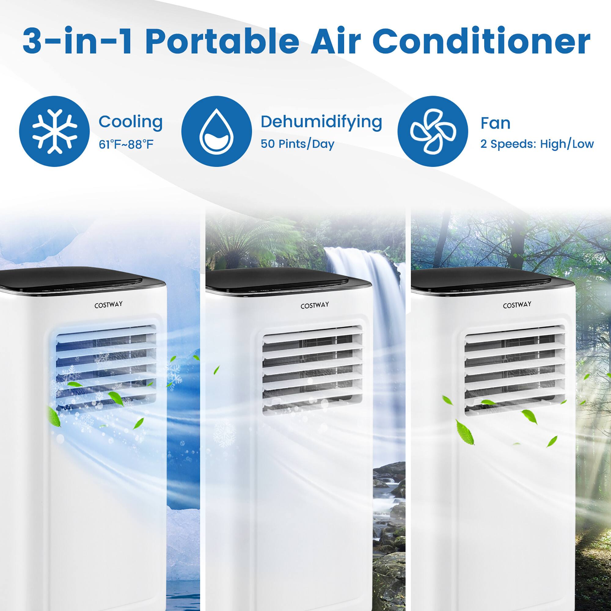 3-in-1 Portable Air Conditioner Cooling 61F~88F Dehumidifying 50 Pints/Day Fan 2 Speeds: High/Low COSTWAY