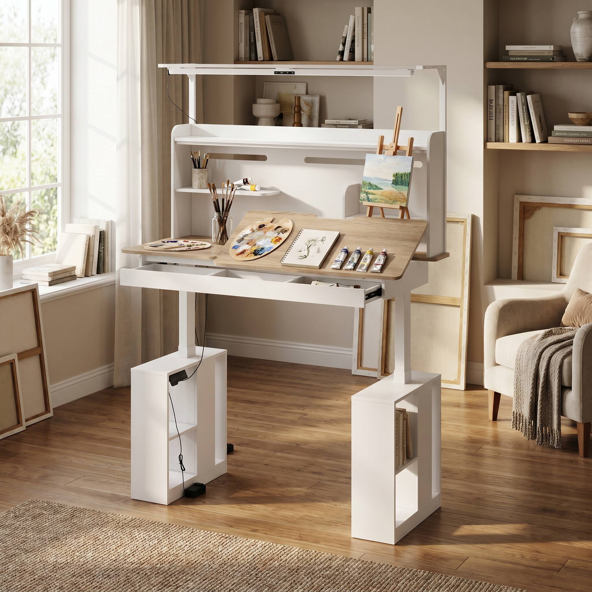 Left. Famapy - Electric Standing Desk with Flip-Up Desktop, LED Eye-Care Light, Storage, 170 LBS, 29.8"-45.3", Study Workstation - White & Wooden.