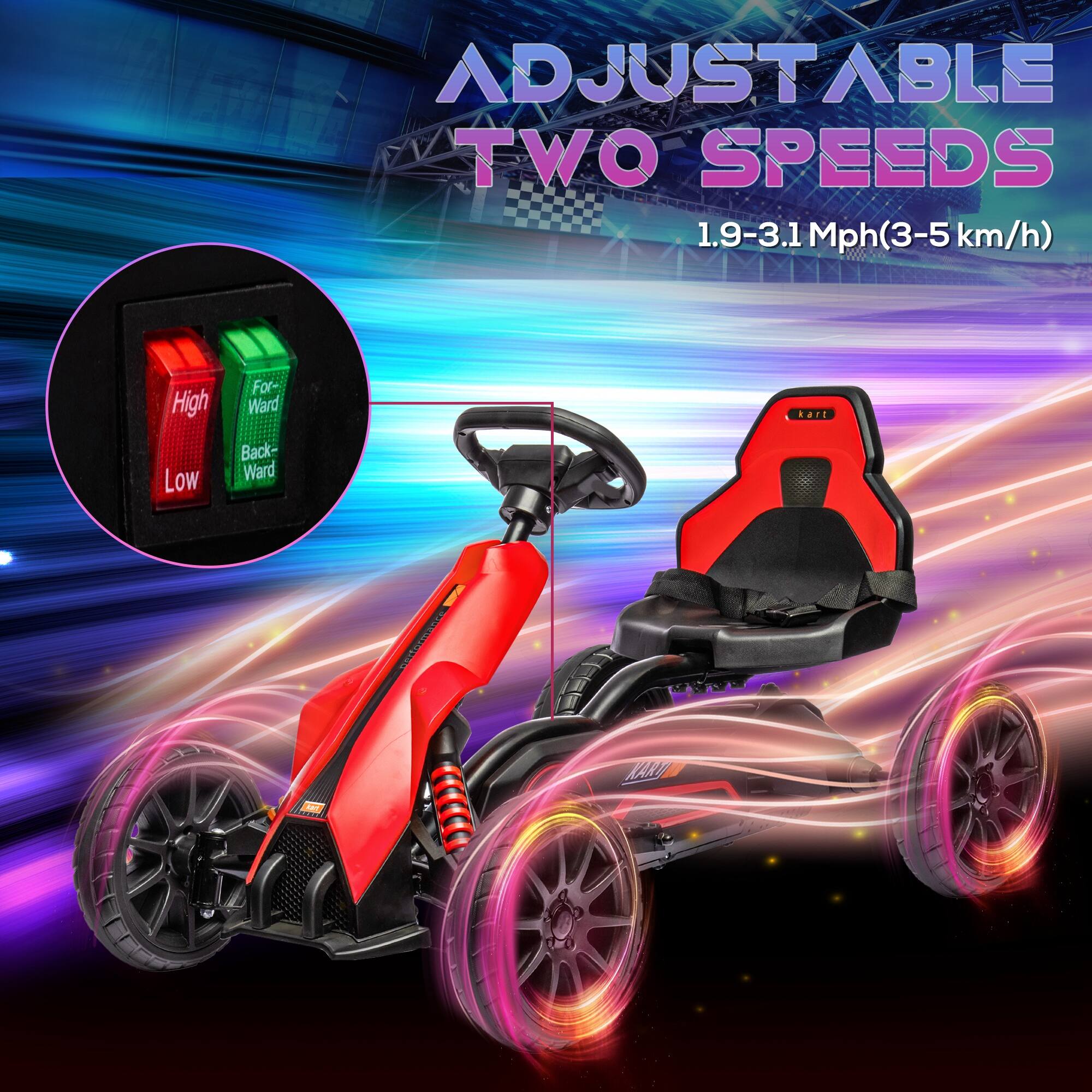 ADJUSTABLE TWO SPEEDS  
1.9-3.1 Mph (3-5 km/h)  

High Low  
Forward Backward