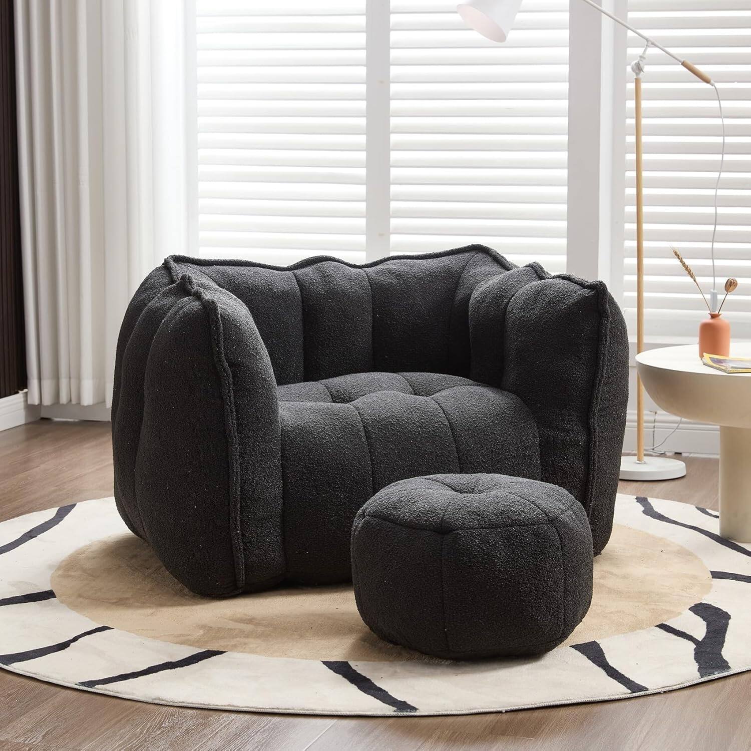 Alt View 5. Trinkets Crazed - Chenille Giant Bean Bag Sleeper Chair with Ottoman, Adults and Kids Lazy Floor Sofa Couch - black.