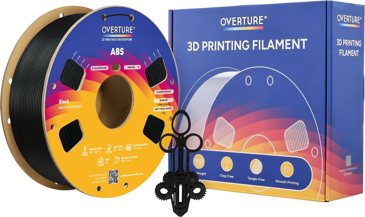 OVERTURE 3D PRINTING FOR EVERYONE  
ABS PLA/PETG/TPU ABS/ASA  
OVERTURE* 3D PRINTING FILAMENT  
OVERTURE* 3D PRINTING FILAMENT  
Black  
Batch VC01CB0587  
FILAMENT WEIGHT 14g  
DIAMETER 1.75mm ±0.02mm  
EMPTY SPOOL WEIGHT -342g  
NOZZLE TEMP. 245-285°C  
FAN On  
BED TEMP. 80-100°C  
PRINTING SPEED 70 mm/s  
DRYING SETTINGS 70°C/6h  
profile.overture3d.com  
1KG 2.2 LBS  
Clog-Free  
Tangle-Free  
Smooth Printing  
Scan to Download Print Profile and Instruction