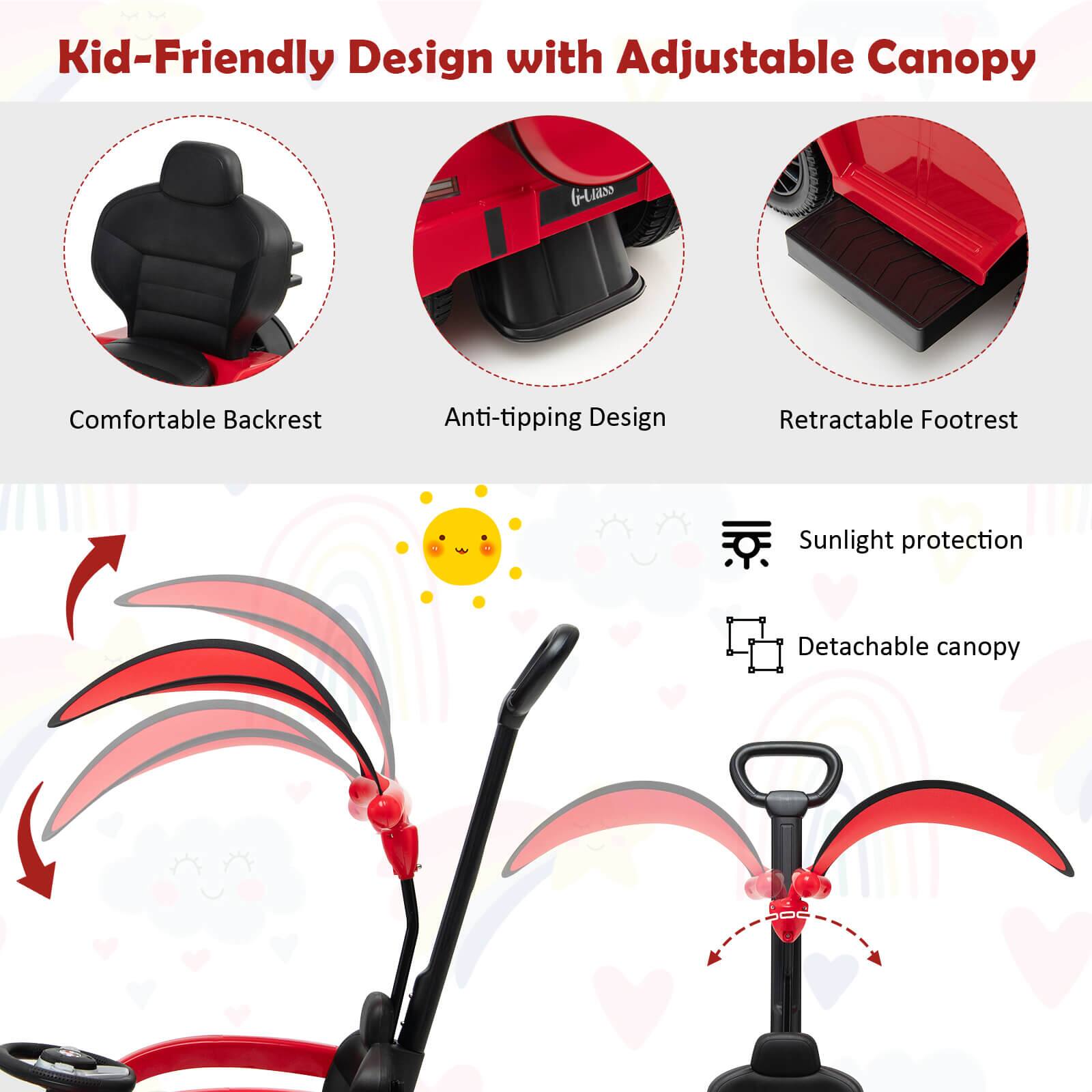 Kid-Friendly Design with Adjustable Canopy

- Comfortable Backrest
- Anti-tipping Design
- Retractable Footrest

- Sunlight protection
- Detachable canopy