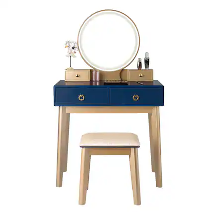 Front. Costway - Costway Vanity Makeup Table Touch Screen 3 Lighting Modes Dressing Table Set - Navy Blue.