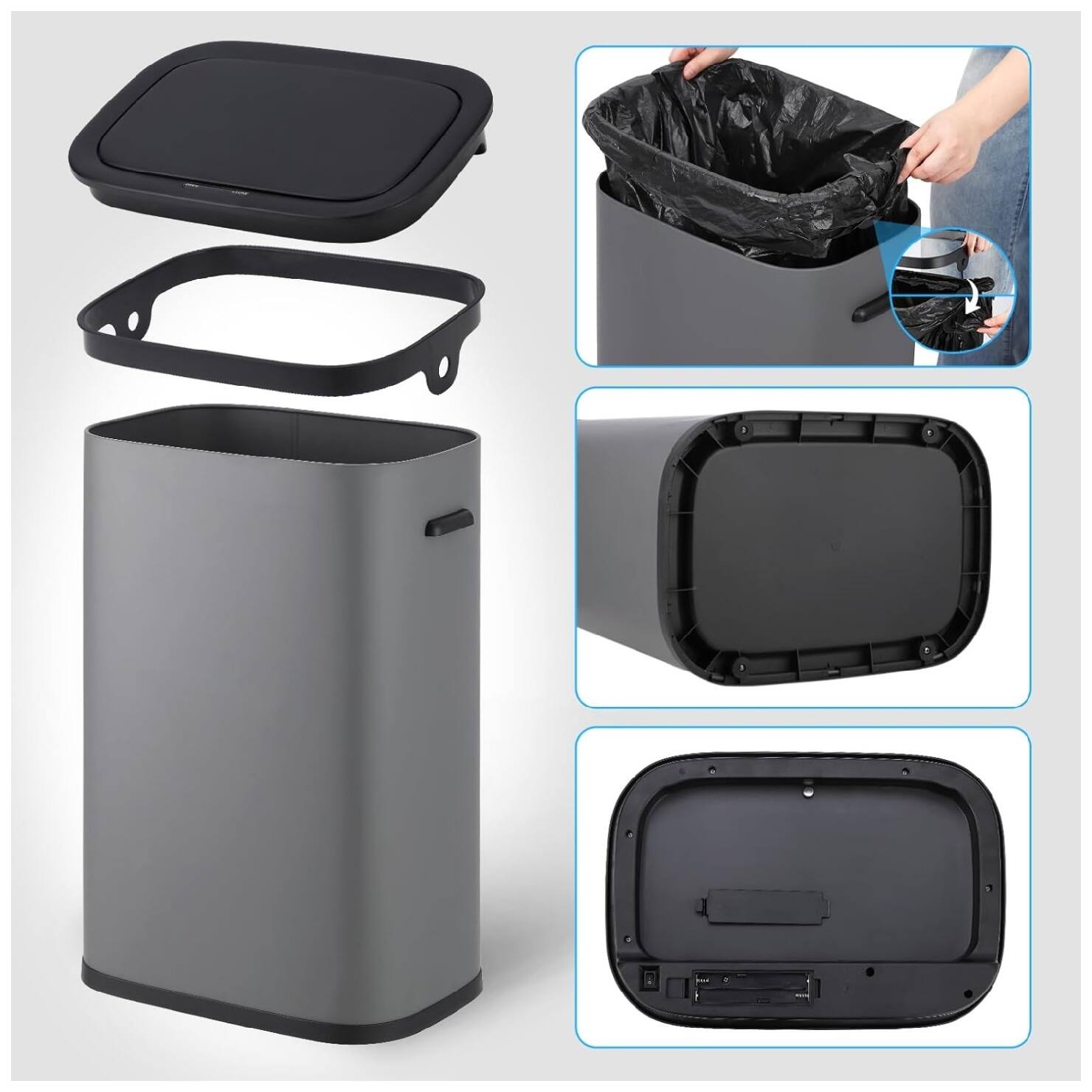Alt View 2. GARVEE - 55 L Automatic Garbage Can, Motion Sensor Trash Can with Soft-Close Lid and Handle,Removable Inner Bucket - Grey.