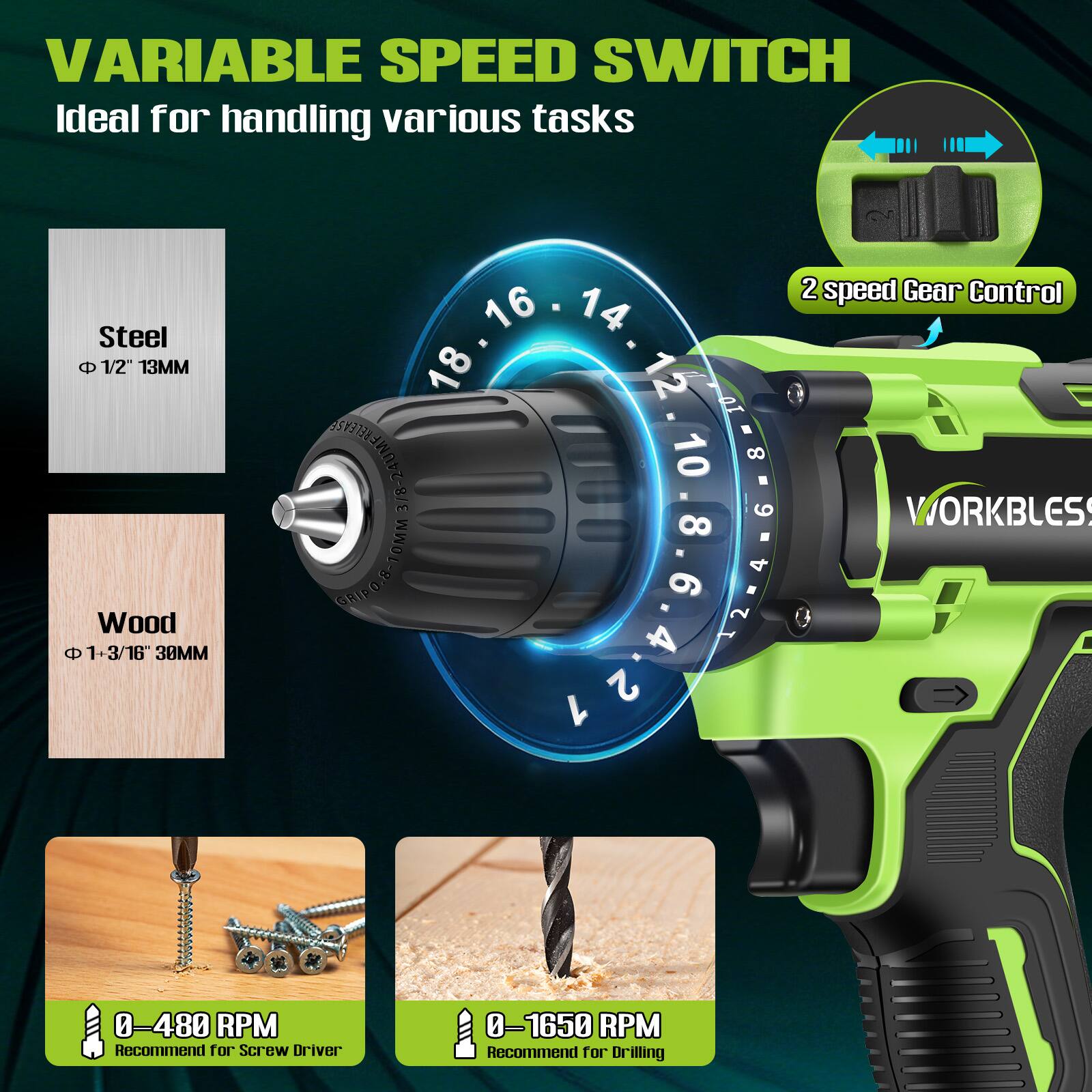 VARIABLE SPEED SWITCH  
Ideal for handling various tasks  

Steel  
1/2" 13MM  

Wood  
1+3/16" 38MM  

2 speed Gear Control  

0-480 RPM  
Recommend for Screw Driver  

0-1650 RPM  
Recommend for Drilling