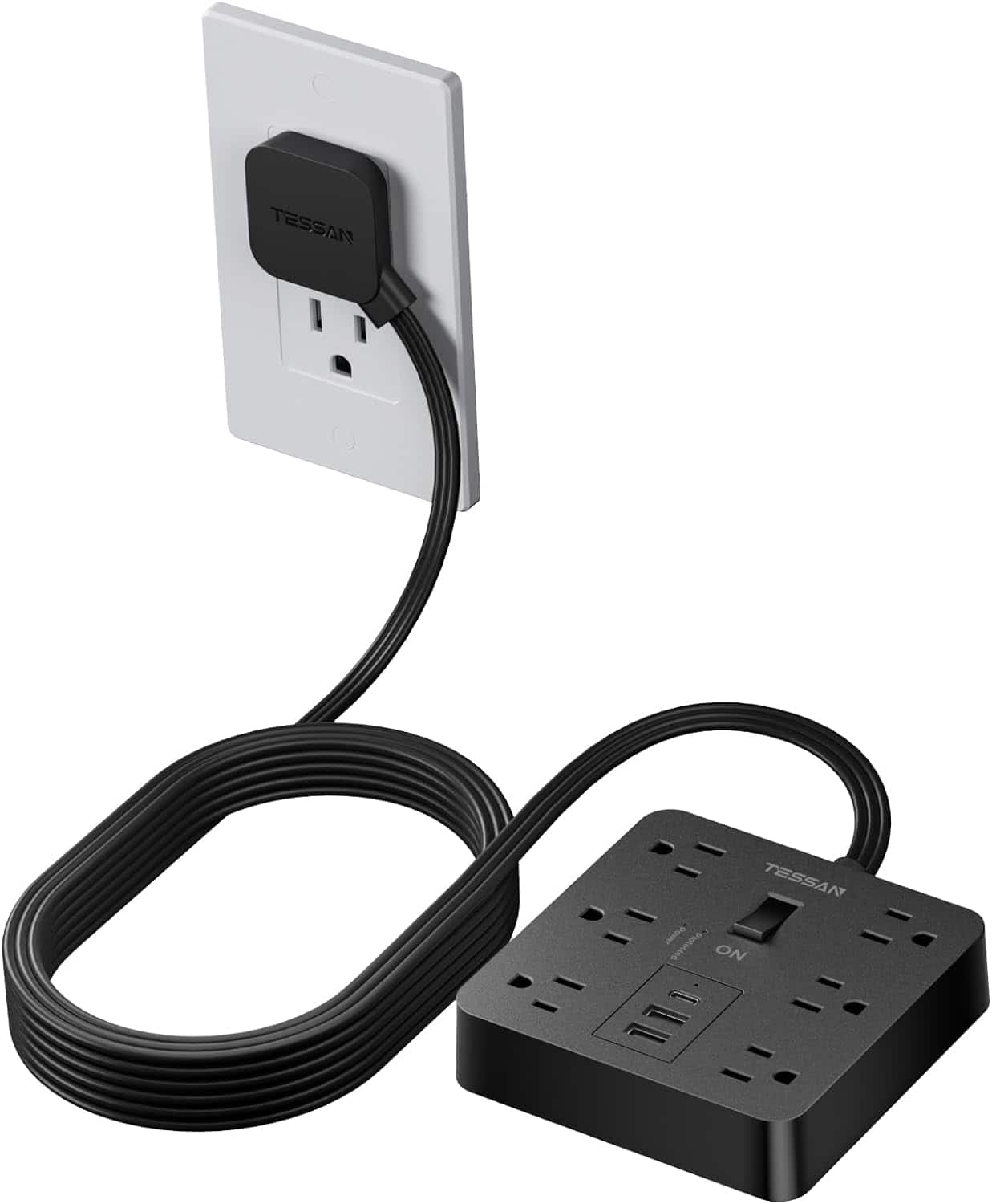 Wikistore - Surge Protector Power Strip with 6 Outlets 3 USB Ports 5 FT Flat Extension Cord - Black