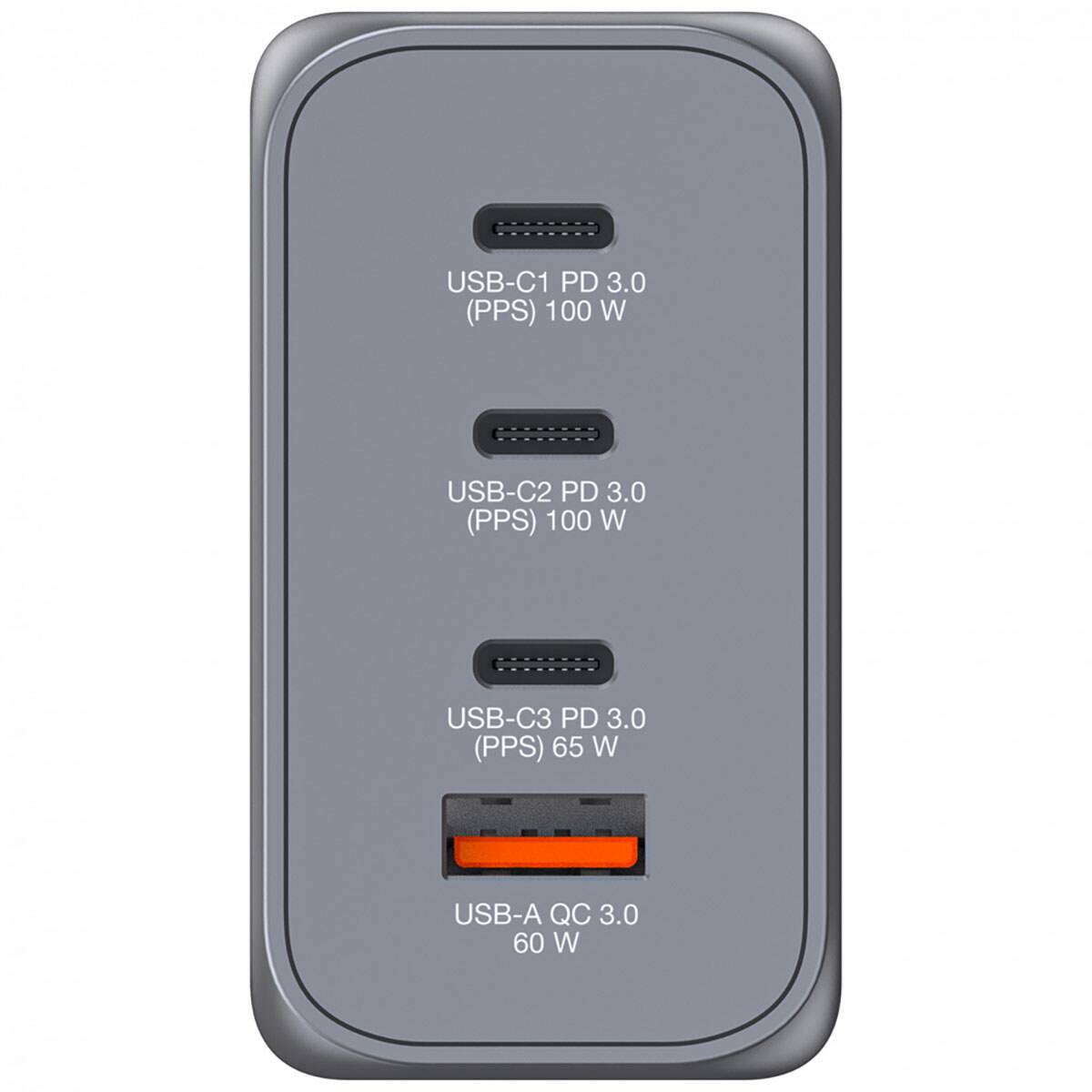 USB-C1 PD 3.0 (PPS) 100 W  
USB-C2 PD 3.0 (PPS) 100 W  
USB-C3 PD 3.0 (PPS) 65 W  
USB-A QC 3.0 60 W