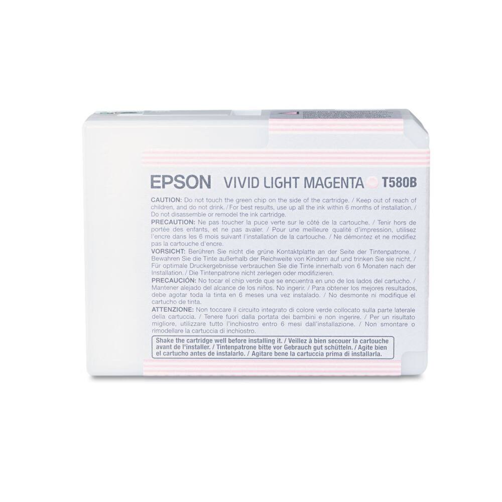 EPSON VIVID LIGHT MAGENTA T580B

CAUTION: Do not touch the green chip on the side of the cartridge. Keep out of reach of children, and do not drink. For best results, use up all the ink within 6 months of installation. Do not disassemble or remodel the ink cartridge.

PRECAUCIÓN: No tocar el chip verde que encuentra lados del cartucho. Mantener alejado alcance niños. No ingerir. Para obtener mejores resultados, debe agotar toda tinta en 6 meses una vez instalado. No desmonte o modifique el cartucho de tinta.

VORSICHT: Berühren Sie nicht grüne Kontaktplatte der Seite der Tintenpatrone. Bewahren Sie die Tinte auerhalb der Reichweite von Kindern auf und trinken Sie nicht. Für optimale Druckergebnisse verbrauchen Sie die Tinte innerhalb von Monaten nach der Installation. Die Tintenpatrone nicht zerlegen oder modifizieren.

ATTENTION: Non toucher la puce verte ct cartouche. Tenir hors porte des enfants, pas avaler. Pour une meilleure qual