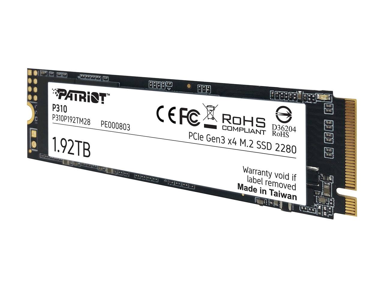 MMMM 8888 889 PATRIOT P310 LCO: P310P192TM28 CEFC ROHS PE000803 COMPLIANT D36204 PCle RoHS Gen3 x4 M.2 1.92TB SSD 2280 Warranty void if label removed in Taiwan