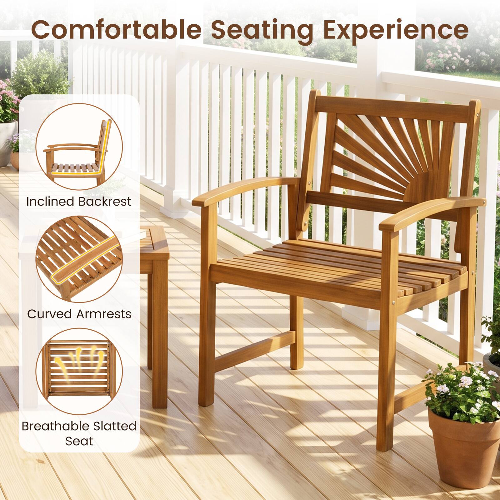 Comfortable Seating Experience
- Inclined Backrest
- Curved Armrests
- Breathable Slatted Seat