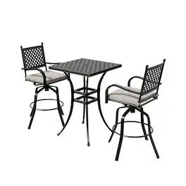 Mondawe - 3-Piece Outdoor Dining Set with Swivel Chairs and Yarn-dyed Fabric Cushions - Black+Beige