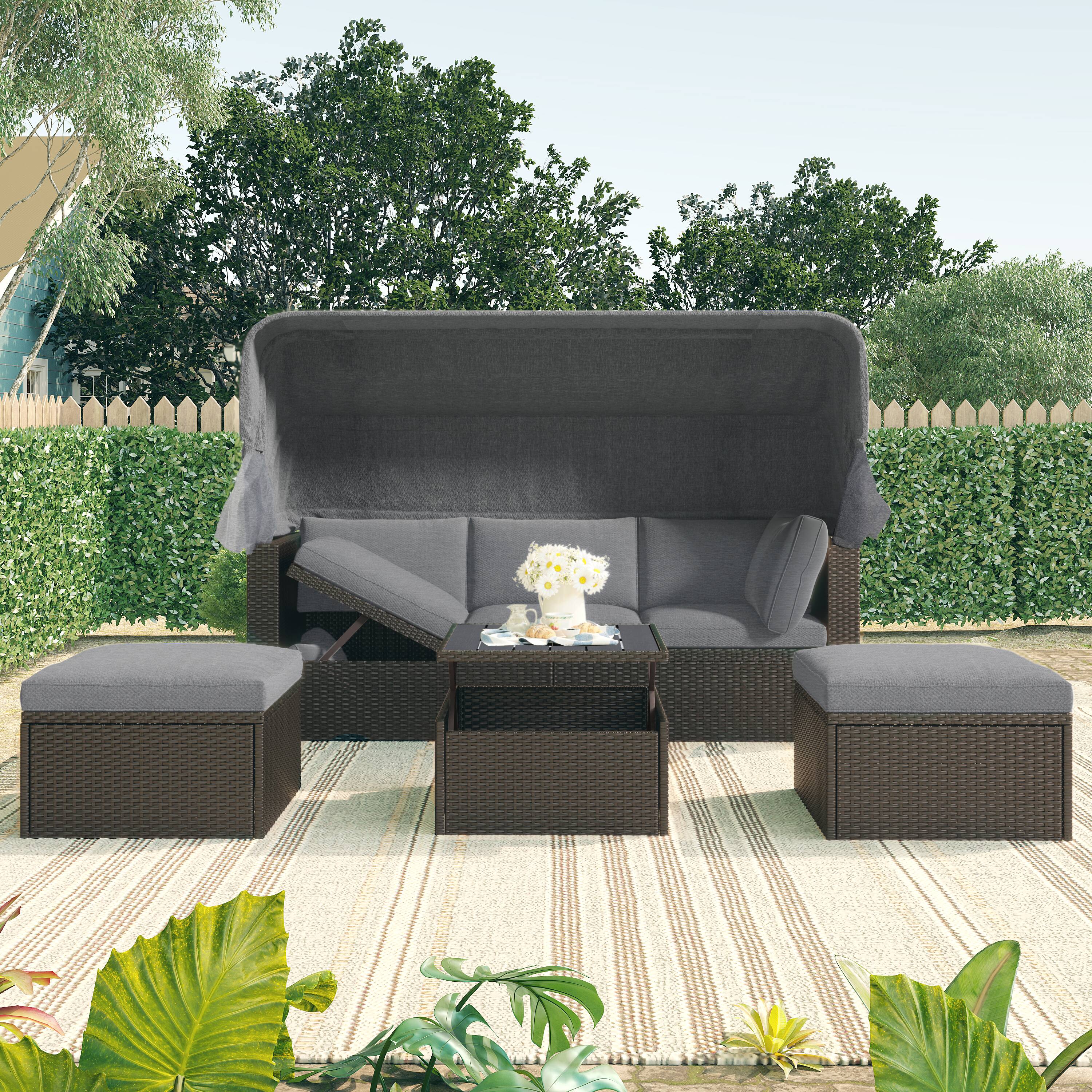 Angle. Siljoy - Outdoor Patio Rectangular Daybed w/Retractable Canopy, Wicker Sectional Seating with Washable Cushions - Gray.