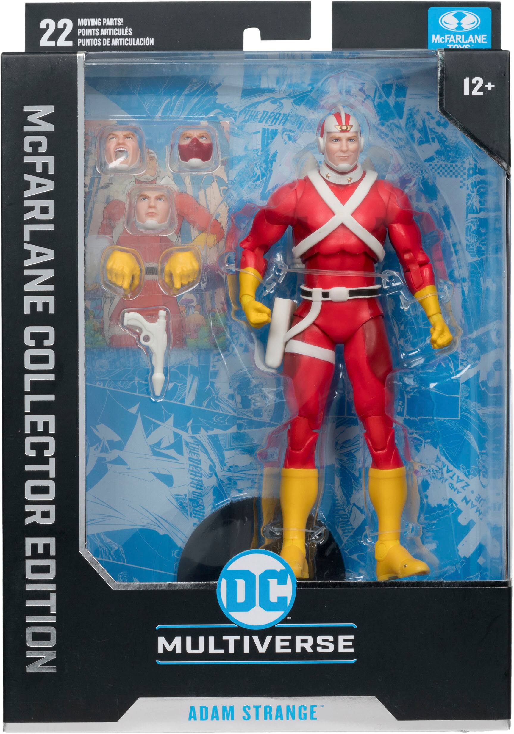 The image features a boxed set of action figures from the DC Multiverse line by McFarlane Toys. The figures include Adam Strange, a character from the DC Comics universe. The box contains two figures, one of which is Adam Strange, and the other is a companion figure. The figures are posed in a dynamic stance, showcasing their action-packed nature. The box is designed to protect and display the figures, making it an attractive addition to any DC Comics fan's collection.