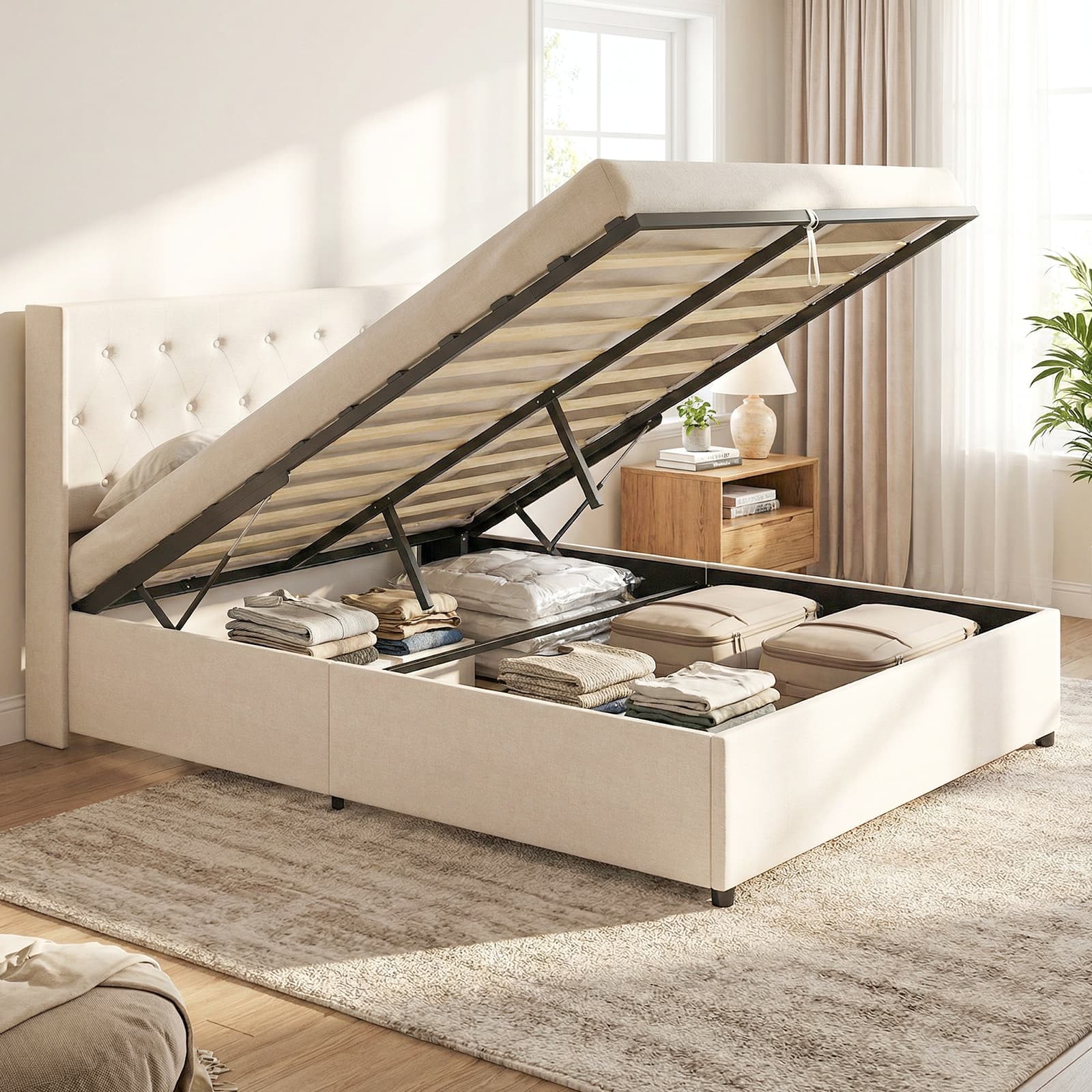 Gymax - Queen Size Lift-up Storage Bed w/Tufted Wingback Headboard Hydraulic Lifts - Beige