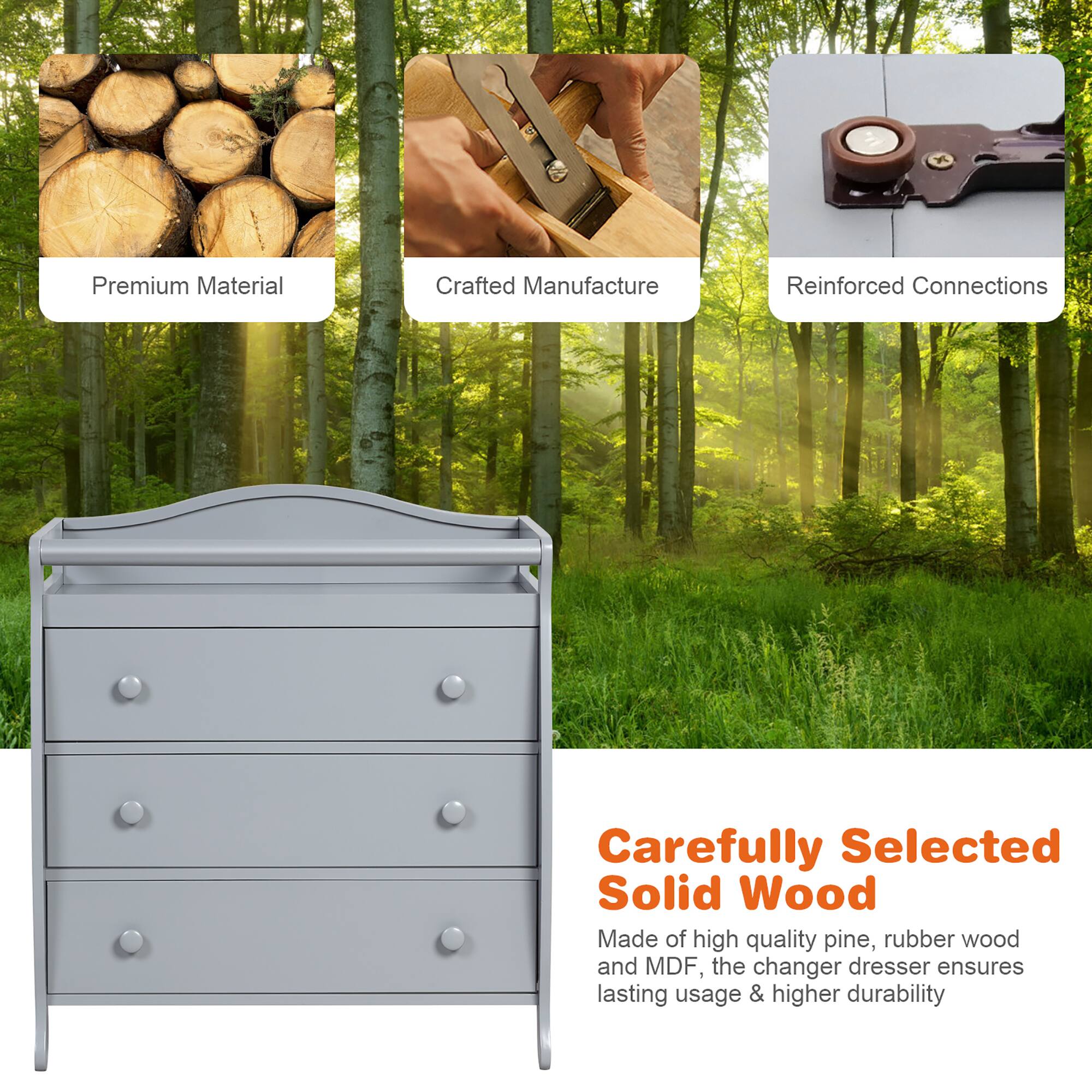 Carefully Selected Solid Wood, Made of high quality pine, rubber wood and MDF, the changer dresser ensures lasting usage & higher durability, Premium Material, Crafted Manufacture, Reinforced Connections
