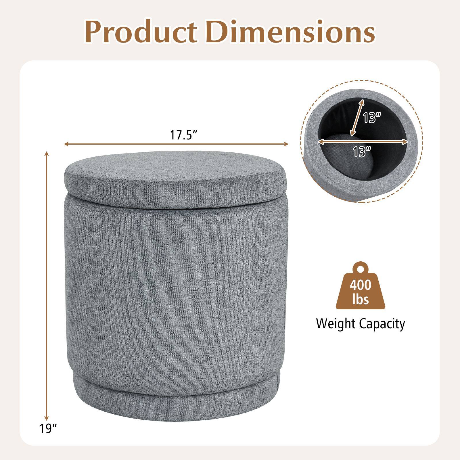 Product Dimensions: 17.5" x 13" x 13"  
Weight Capacity: 400 lbs