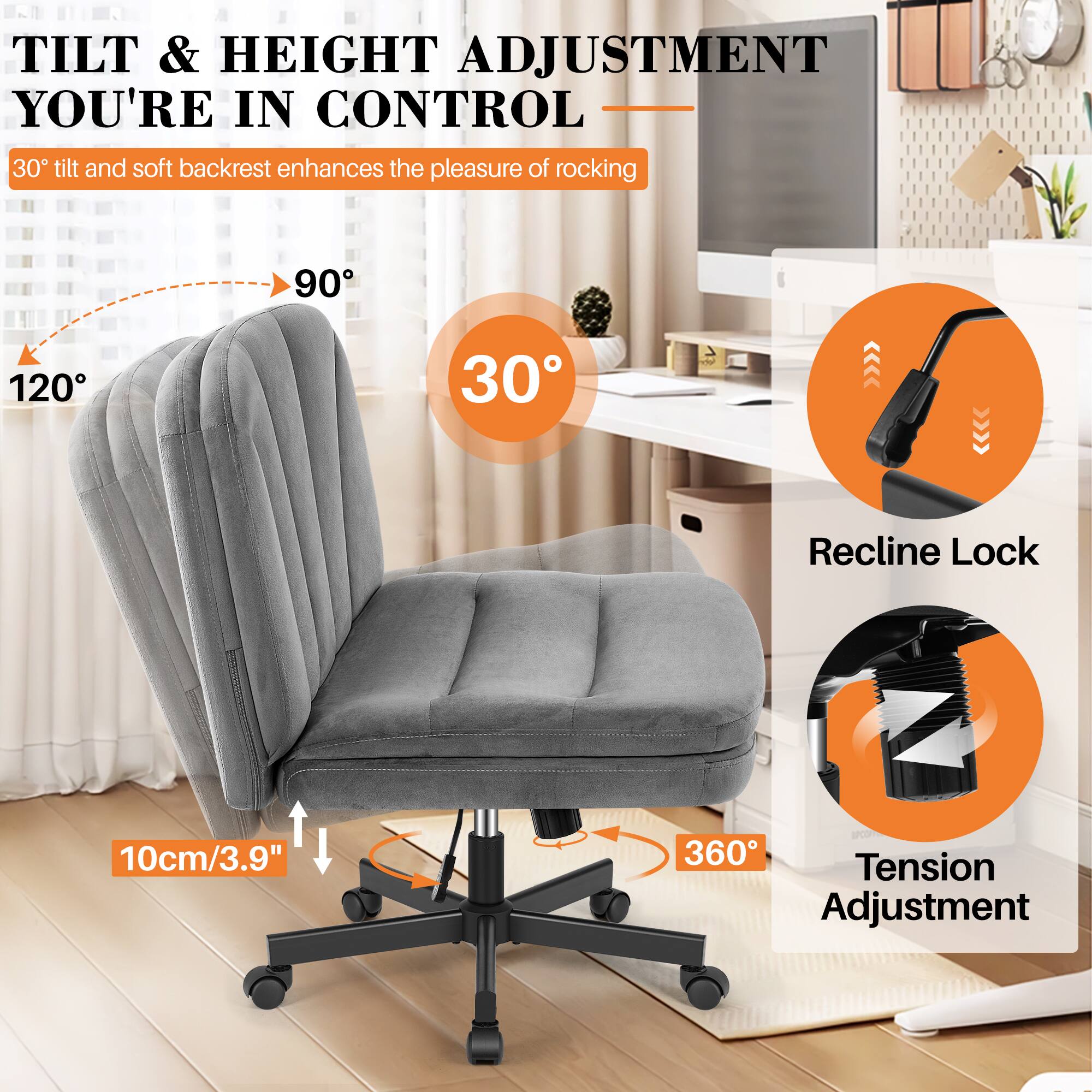 **TILT & HEIGHT ADJUSTMENT**  
**YOU'RE IN CONTROL**

- **30° tilt and soft backrest** enhances the pleasure of rocking
- **90°**
- **120°**
- **30°**
- **10cm/3.9"**
- **360°**
- **Recline Lock**
- **Tension Adjustment**