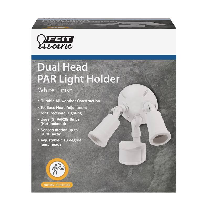 FEIT Electric Dual Head PAR Light Holder  
White Finish  
Durable All-weather Construction  
Toolless Head Adjustment for Directional Lighting  
Uses (2) PAR38 Bulbs (Not Included)  
Senses motion up to 60 ft. away  
Adjustable 110 degree lamp heads  
MOTION DETECTION