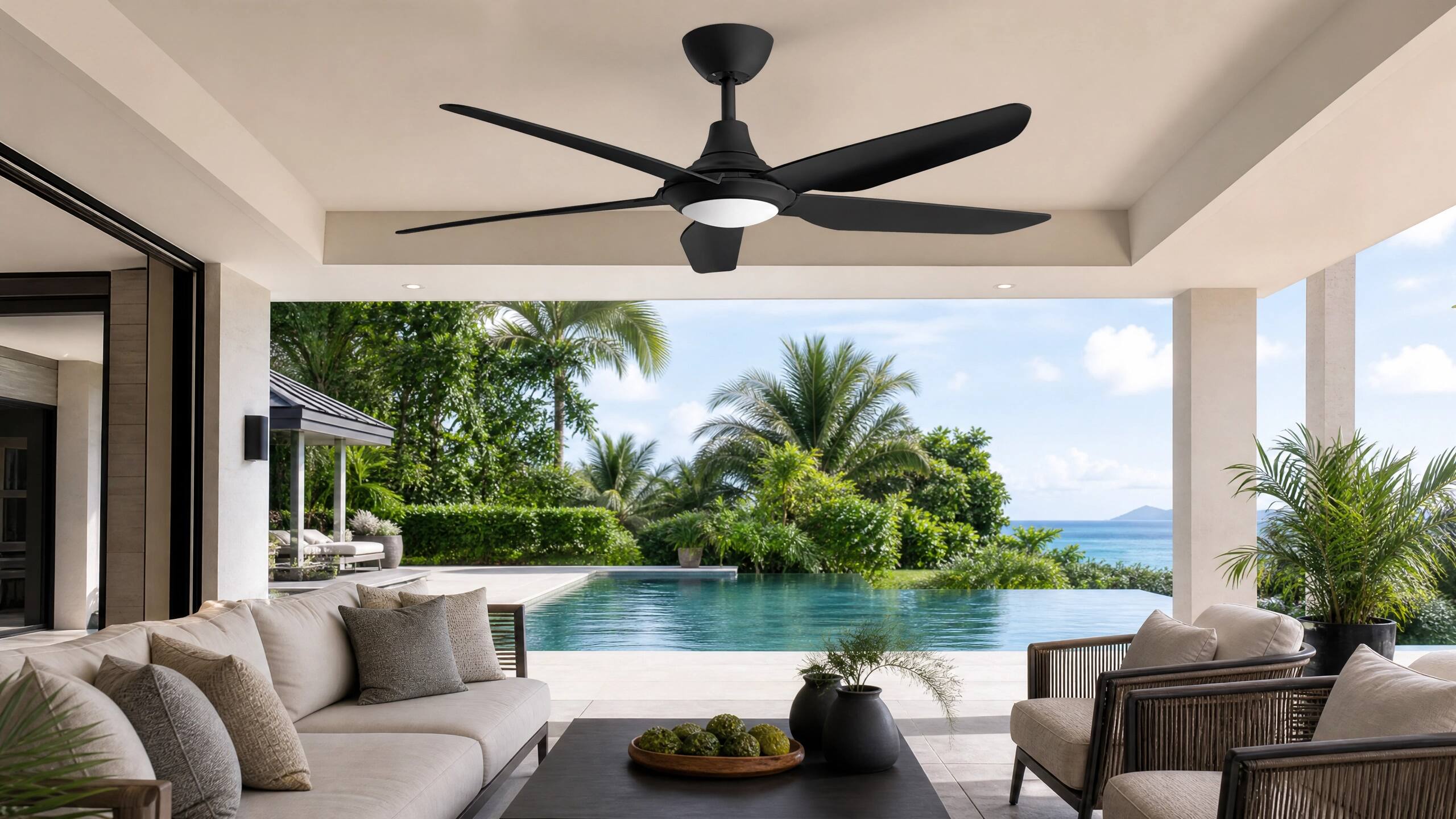 Alt View 4. ENLIGHT - 52" Smart Ceiling Fan, IP66 Outdoor/Coastal, CCT & Dimmable LED, Durable, Efficient & Quiet DC Motor, Matter, 5 Blades - Matte Black.