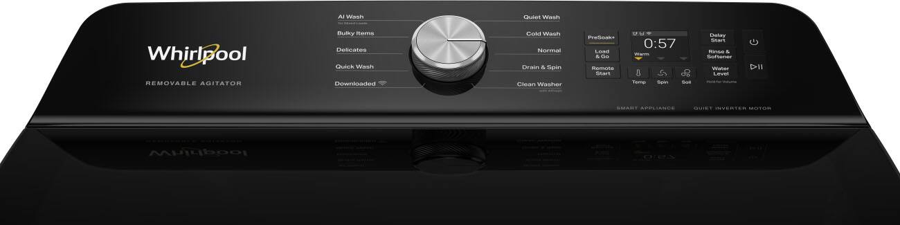 AI Wash  
Quiet Wash  
Whirlpool REMOVABLE AGITATOR  
Bulky Items Delicates Quick Wash Downloaded  
Cold Wash Normal Drain & Spin Clean Washer  
PreSoak Load & Go Remote Start  
0:57 Warm I Temp 8pin Boll  
Delay Start Rinse & Softener Water Level  
DII  
SMART APPLIANCE  
QUIET INVERTER MOTOR  
Whirlpool  
2,510