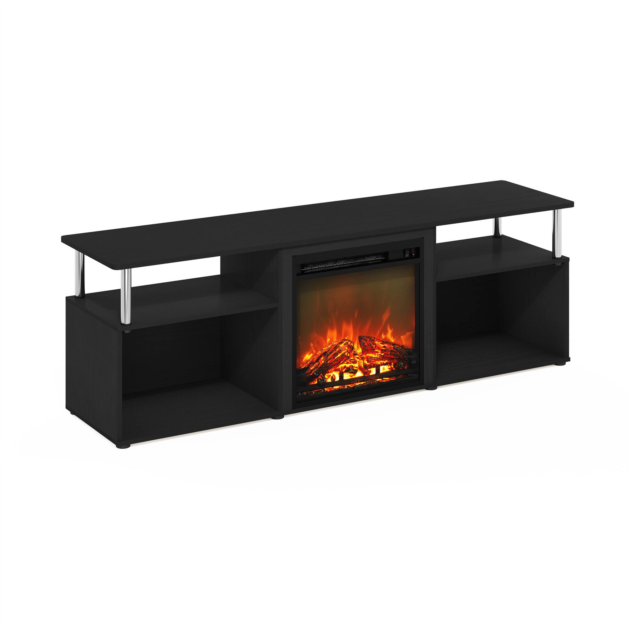 Front. Furinno - Jensen Open Storage Fireplace Entertainment Center for TV up to 70 Inch with Stainless Steel Tubes, Stainless Steel - Americano/Stainless Steel.