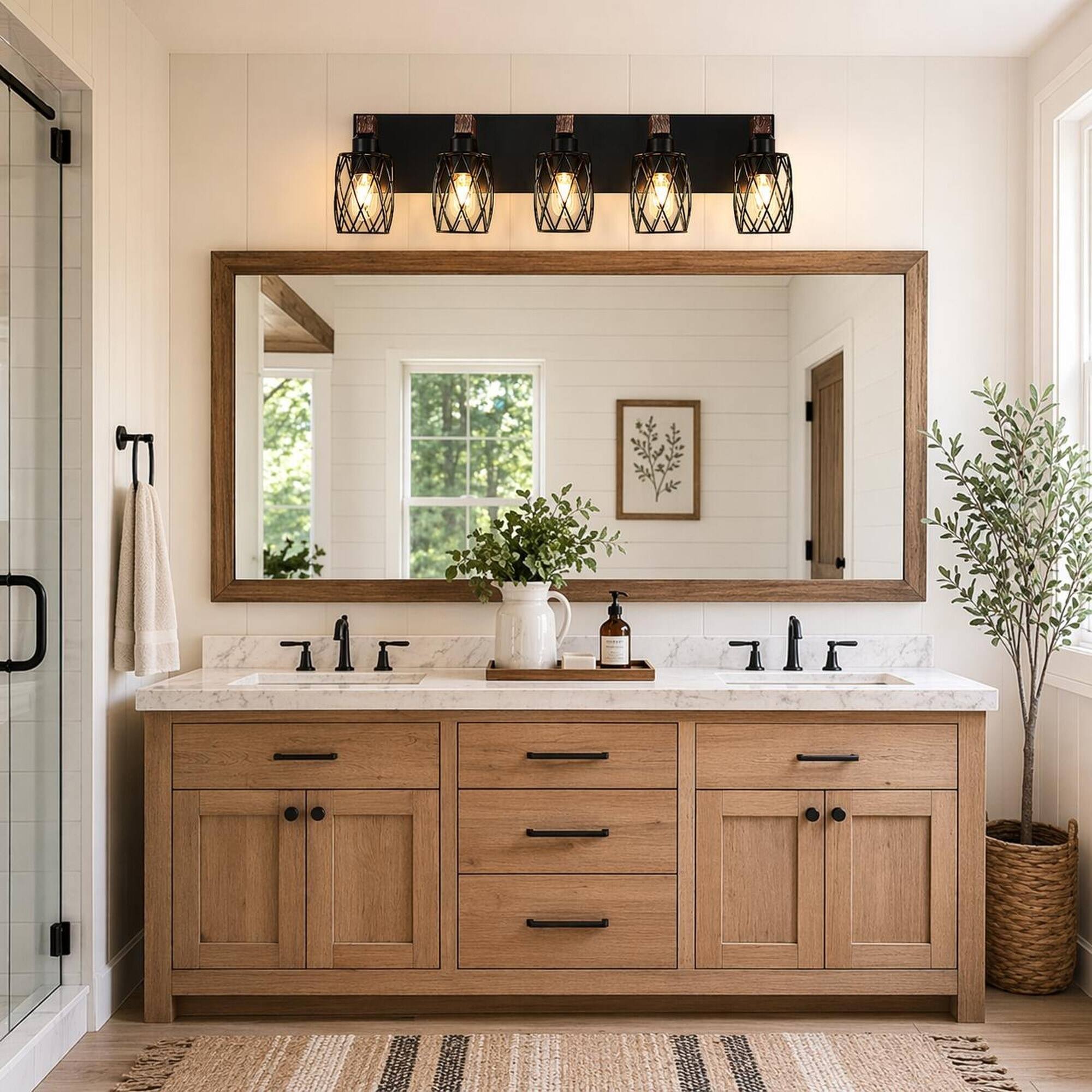 Left. RYHNUYNE - Industrial 5‑Light Wall Sconce, 31" Wall Light with Wood Accents, Bathroom Vanity Wall Lighting Fixture for Hallway - Walnut.