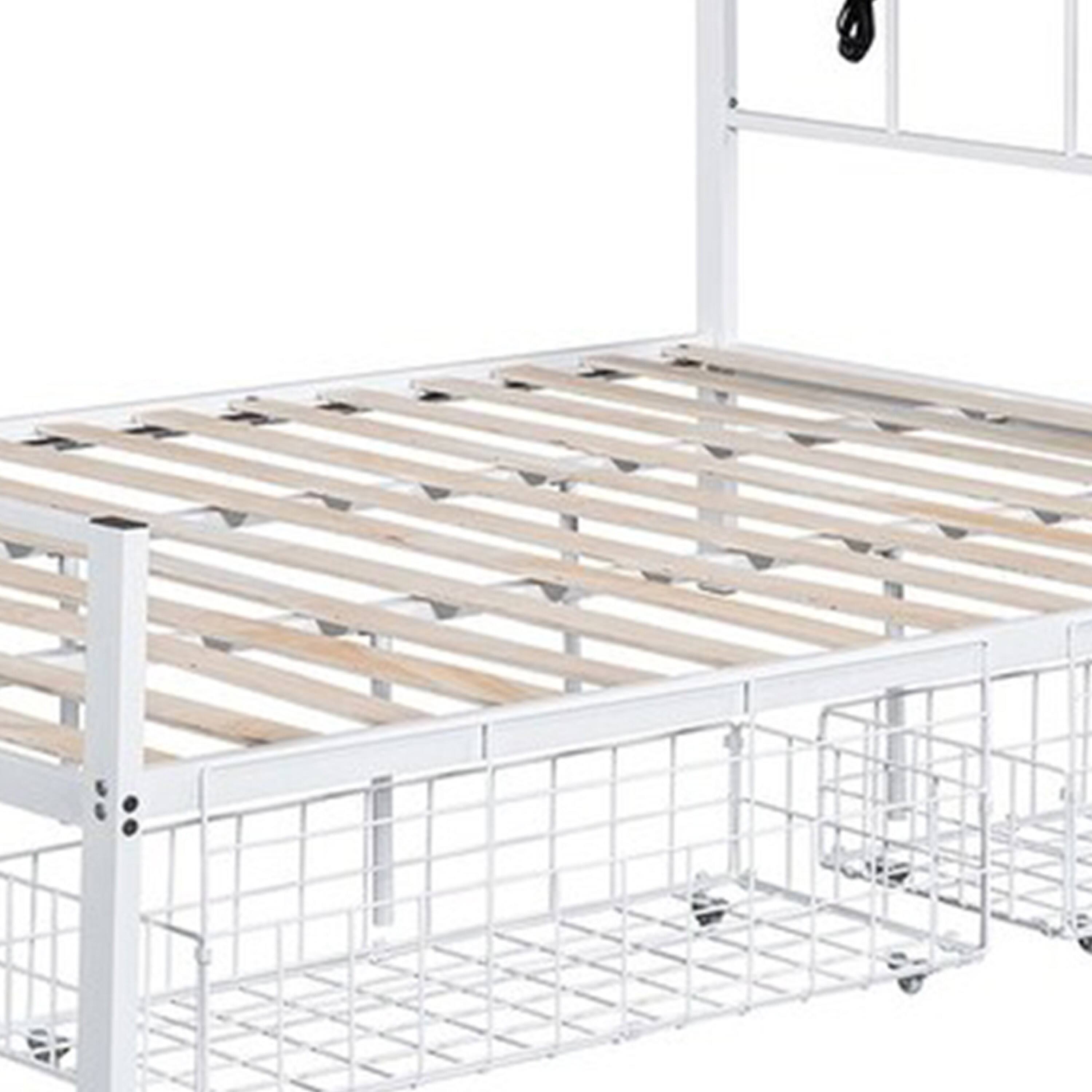 Angle. Manhattan Lane - Nix Queen Size Bed w Underbed Storage, Slatted White Metal Headboard - White.