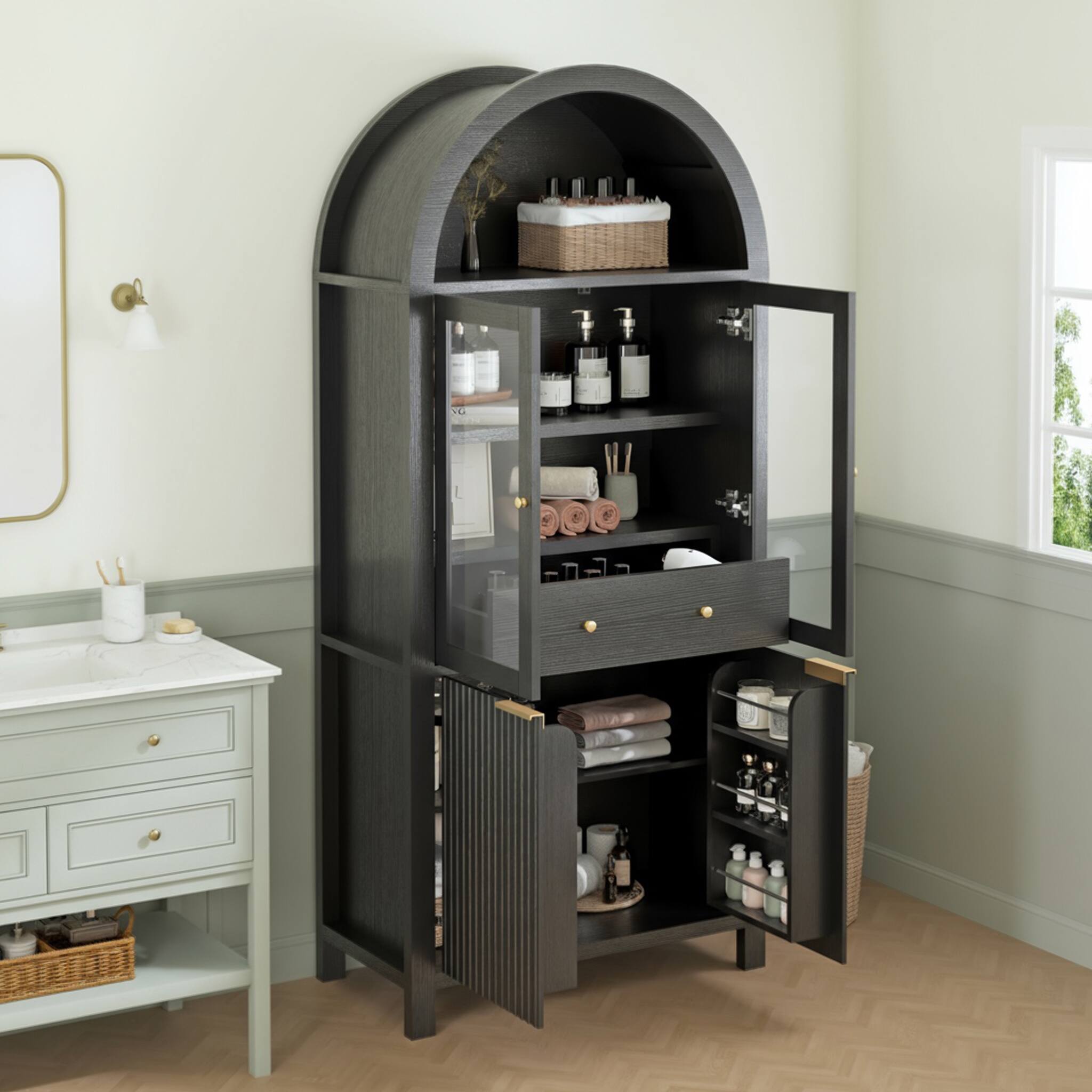Angle. Spaco - Spaco 71" Arched Pantry Cabinet with Glass Door, Adjustable Shelves Hidden Drawer, Fluted Display Storage for Kitchen - Black.