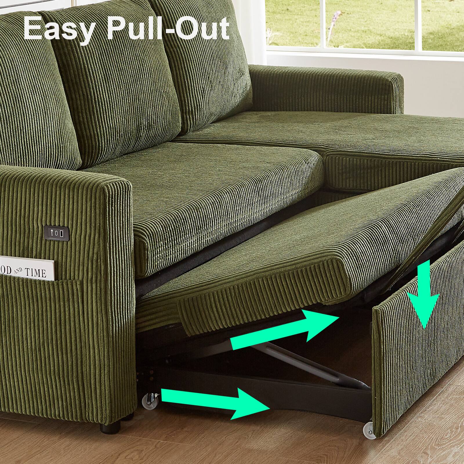 Alt View 4. Dyonery - Dyonery 81-inch sofa with pull-out bed, adjustable backrest, tool-free assembly, corduroy - Green.