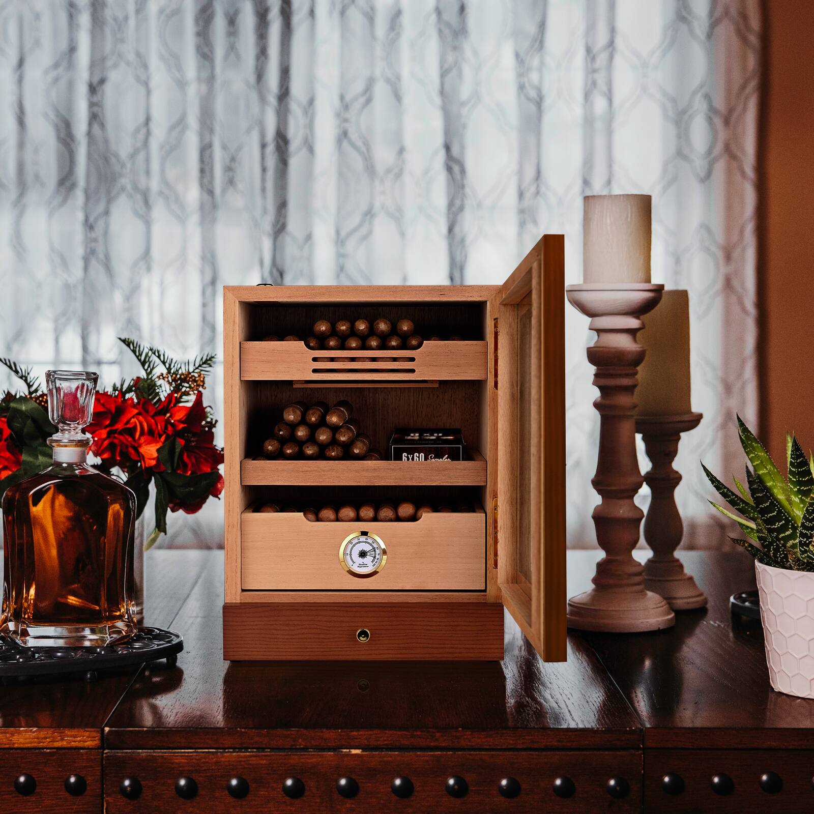 Alt View 1. KingChii - 20L Cigar Humidor Storage Cabinet with Temp Control, Spanish Cedar Shelves and Hygrometer(200 Capacity) - Brown.