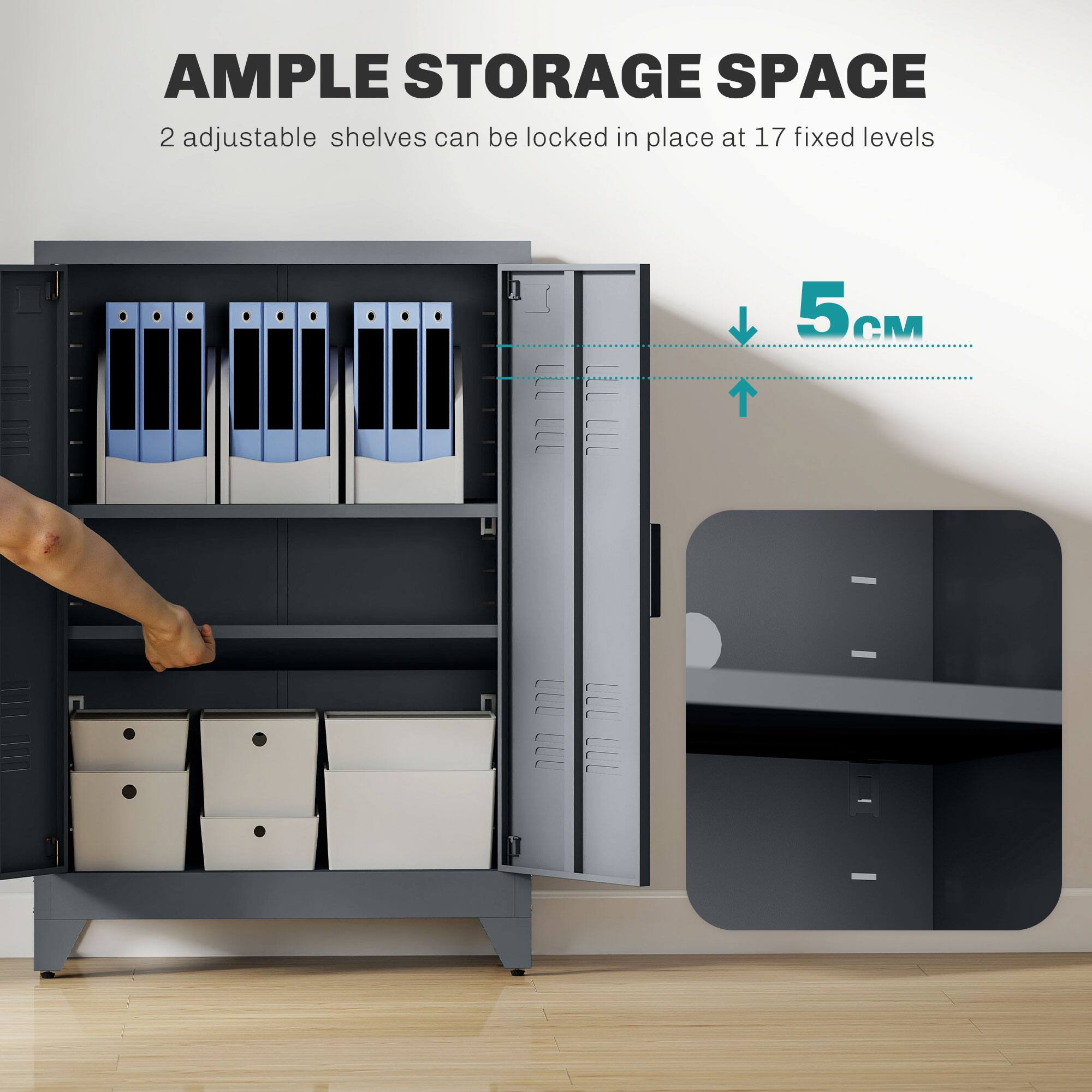AMPLE STORAGE SPACE 2 adjustable shelves can be locked in place at 17 fixed levels 5CM