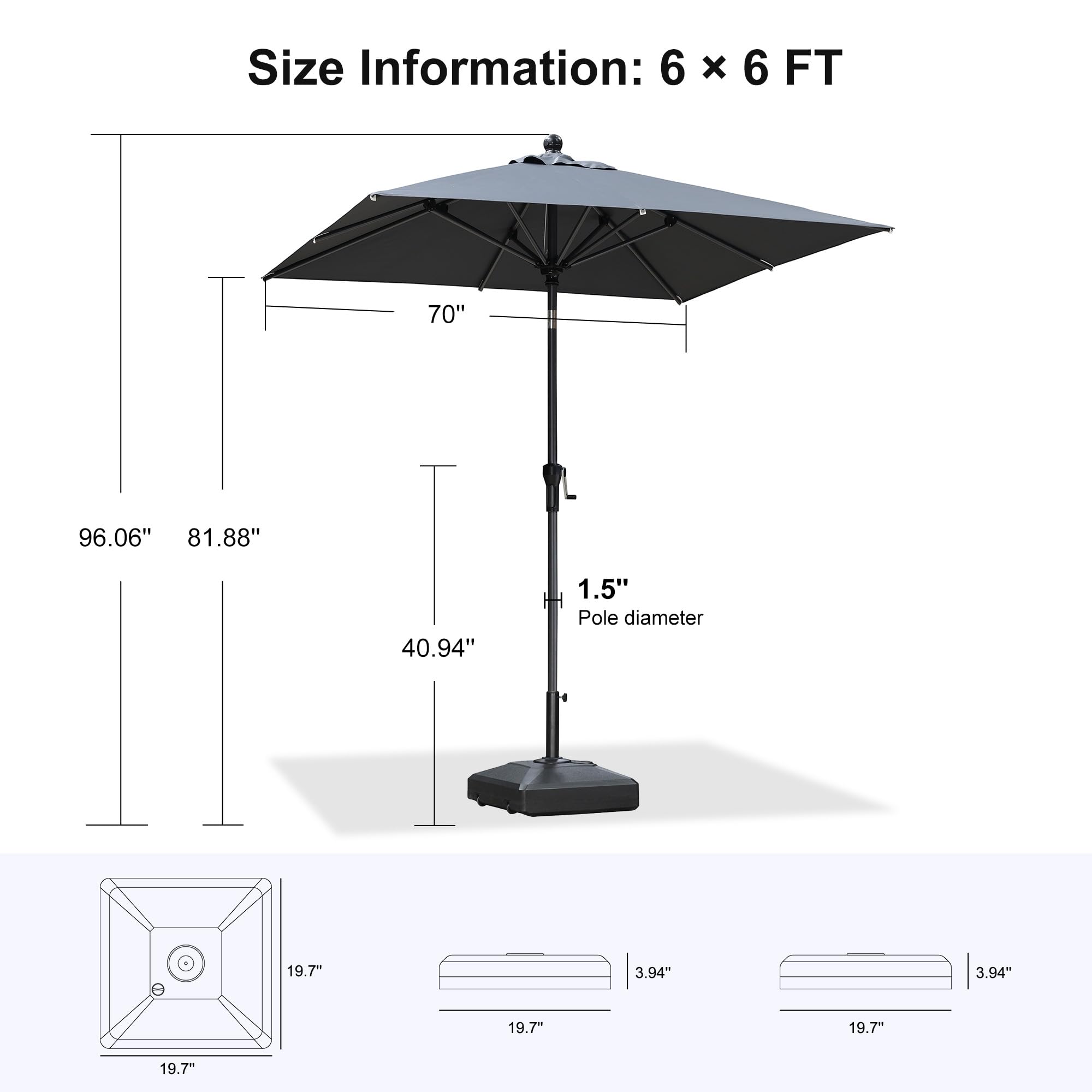 Size Information: 6 x 6 FT  
- 70"  
- 96.06"  
- 81.88"  
- 40.94"  
- 1.5" Pole diameter  
- 19.7"  
- 3.94"  
- 3.94"  
- 19.7"  
- 19.7"  
- 19.7"