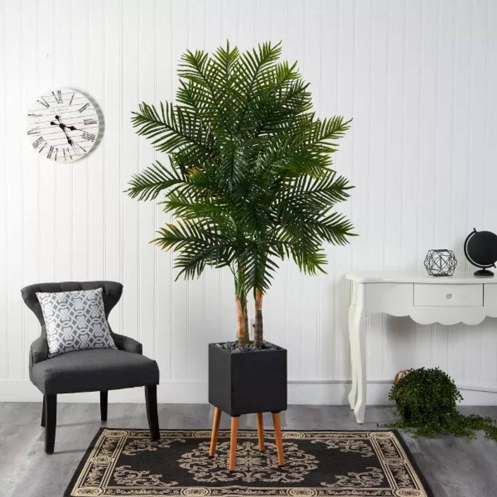 Front. BreeBe - 70" Areca Palm Artificial Tree in Black Planter with Stand - Green.