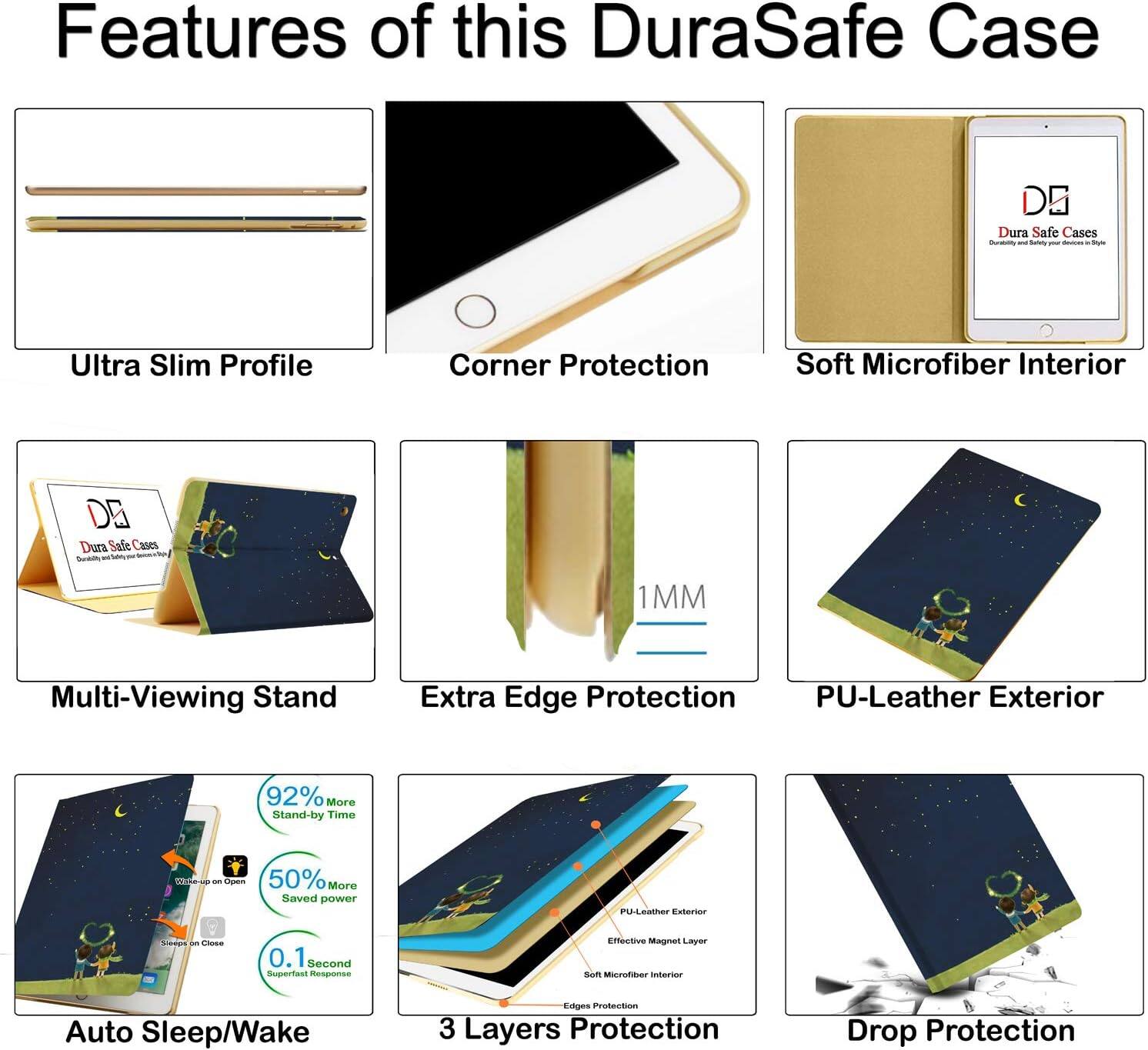 Features of this DuraSafe Case

- Ultra Slim Profile
- Corner Protection
- Soft Microfiber Interior
- Multi-Viewing Stand
- Extra Edge Protection
- PU-Leather Exterior
- 92% More Stand-by Time
- 50% More Saved Power
- Auto Sleep/Wake
- 3 Layers Protection
- Drop Protection