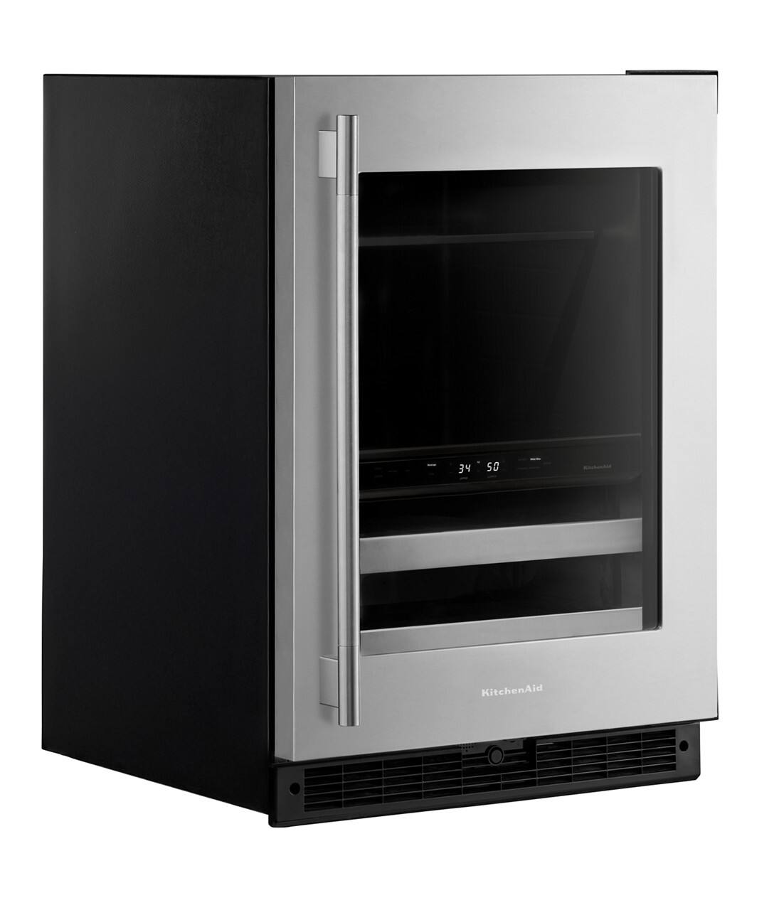 Angle. KitchenAid - 24" Beverage Center with Glass Door and Metal-Front Racks - Black Cabinet/Stainless Doors.