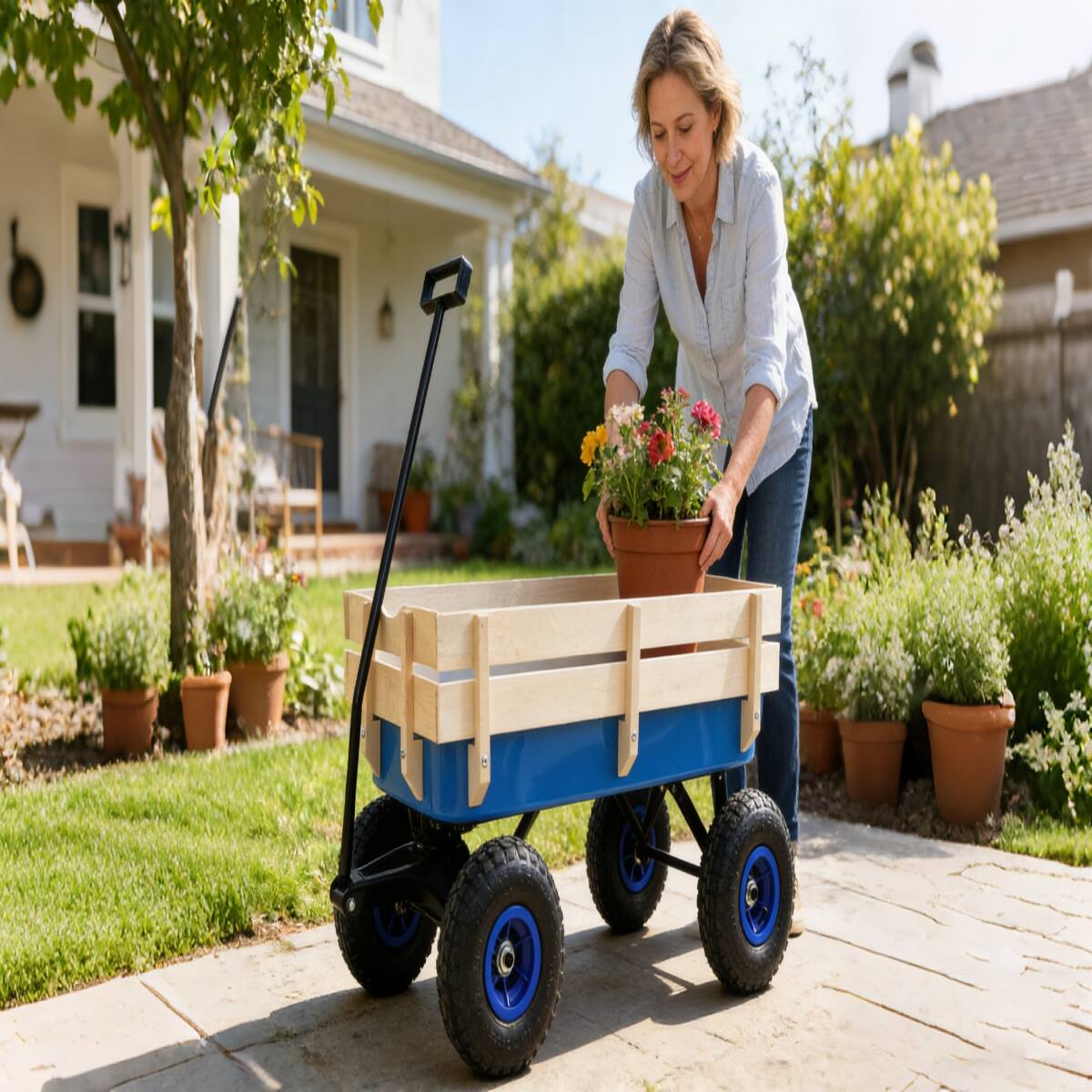 Angle. Loheer - Loheer All Terrain Steel Garden Cart with Pneumatic Tires and Removable Wooden Sides.