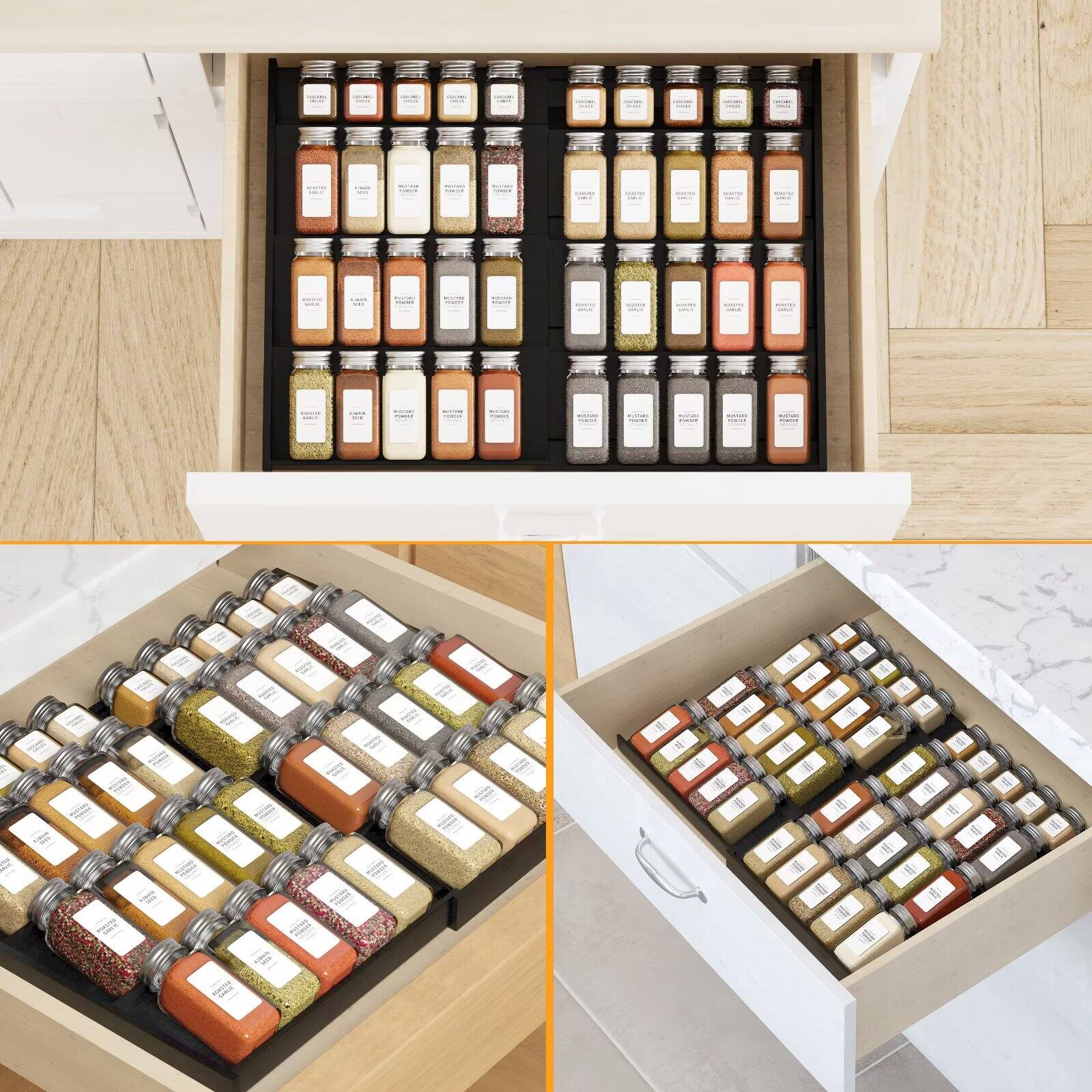 Angle. Tooloton - Bamboo Spice Drawer Organizer, 4-Tier Expandable Rack, Seasoning Storage Tray, Jars Excluded, Black - Black.