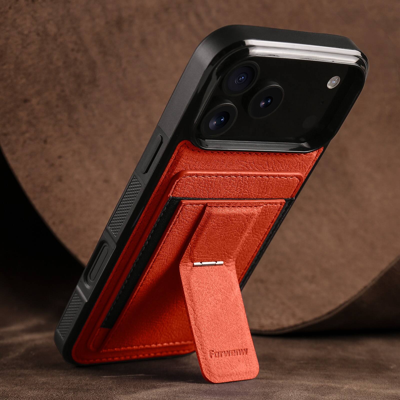 Angle. Dteck - Slim Card Holder Case for Apple iPhone 17 Pro Max, Shockproof Wallet Protective Cover with Kickstand - Orange.