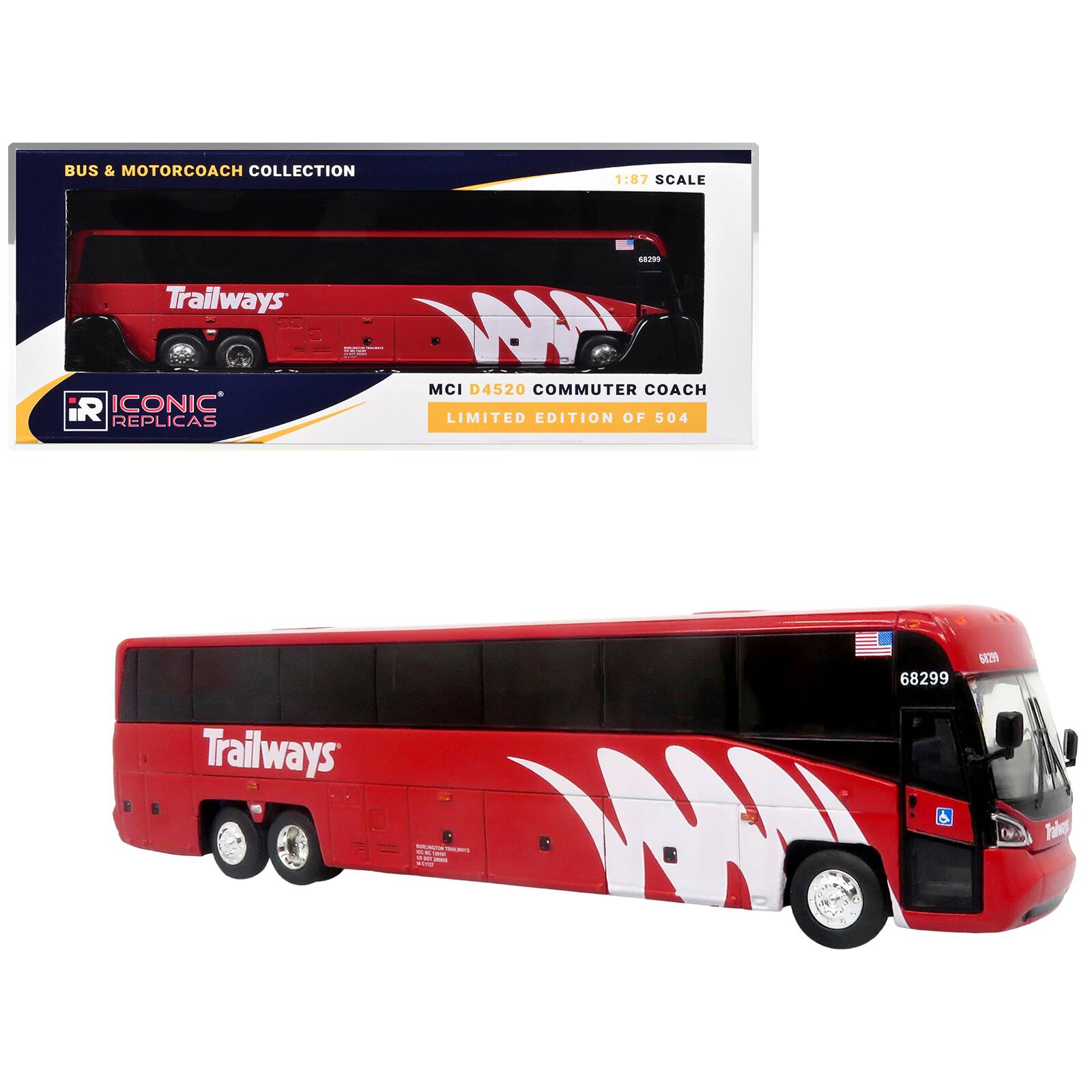 "MCI D4520 Commuter Coach Bus ""Burlington Trailways"" Red w/ White Graphics 1/87 (HO) Diecast Model by Iconic Replicas" price history on PriceWatchPro