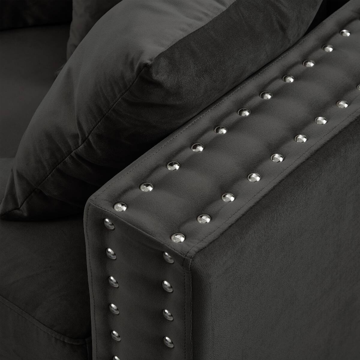Back. Ropilly - Ropilly Black Velvet Loveseat with Silver Nail Trim, Modern Square Arm Upholstered Sofa with Storage - Black.