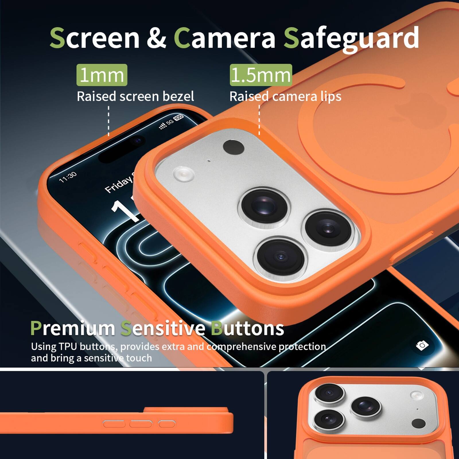 Screen & Camera Safeguard  
1mm Raised screen bezel  
1.5mm Raised camera lips  

Premium Sensitive Buttons  
Using TPU buttons, provides extra and comprehensive protection and bring a sensitive touch