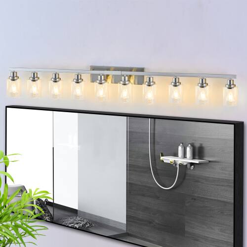 Angle. LUCKY ONE - 65in Wall Mount Vanity Light, 10-Light Brushed Nickel Sconce with Clear Glass Shades - Chrome.
