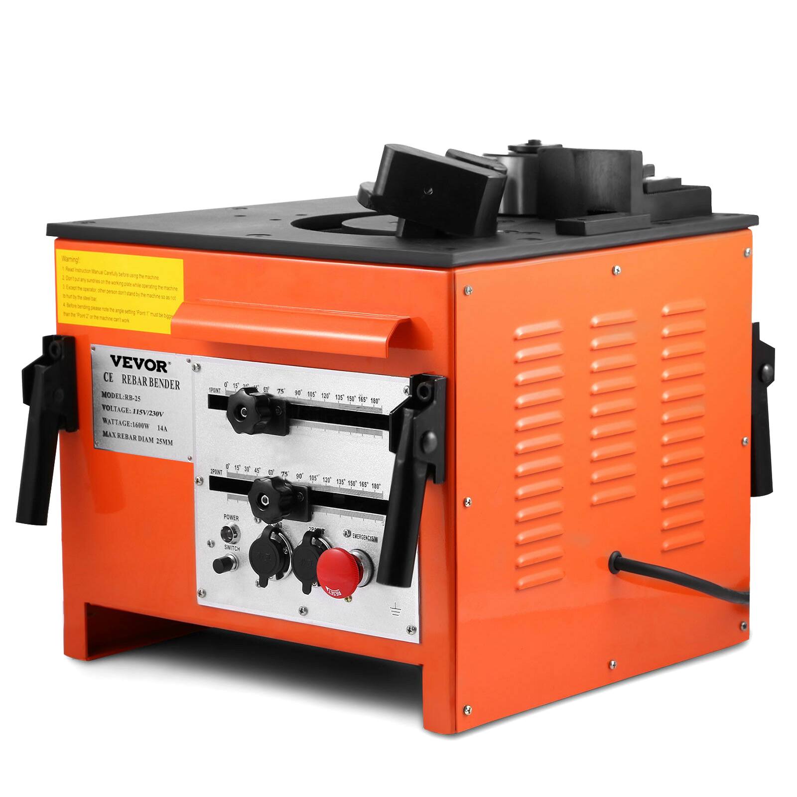 Warning!  
VEVOR CE REBAR BENDER  
MODEL: RB-25  
VOLTAGE: 115V/230V  
WATTAGE: 1000W  
14A  
MAX REBAR DIAM 25MM  

PANT  
105"  
2900  
A 75  
so' 105 120  

POWER  
ENERGY